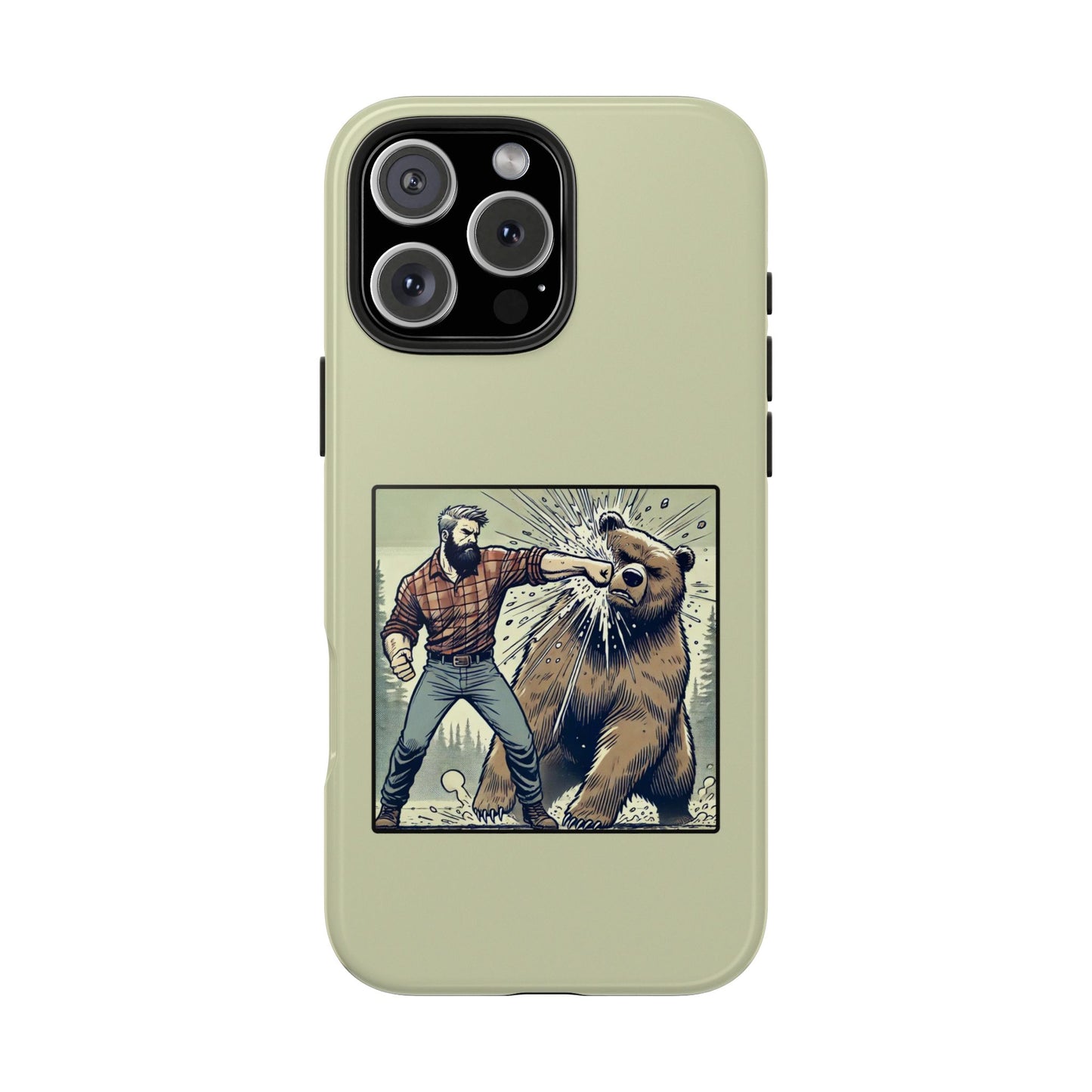 Funny Lumberjack Punching a Bear Phone Case, Wild Manly Gift, Meme Phone Cover, Absurd Graphic Art for Him, iPhone & Samsung Phone Case