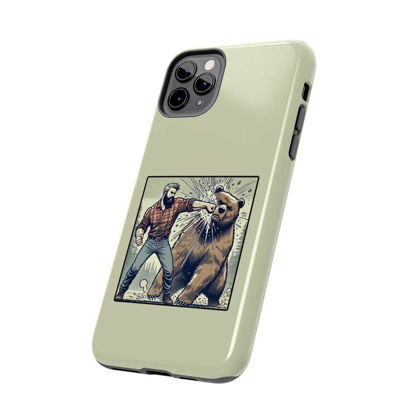 Funny Lumberjack Punching a Bear Phone Case, Wild Manly Gift, Meme Phone Cover, Absurd Graphic Art for Him, iPhone & Samsung Phone Case