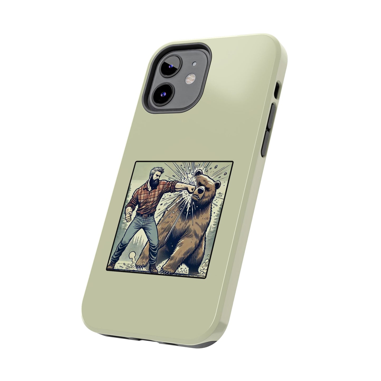 Funny Lumberjack Punching a Bear Phone Case, Wild Manly Gift, Meme Phone Cover, Absurd Graphic Art for Him, iPhone & Samsung Phone Case