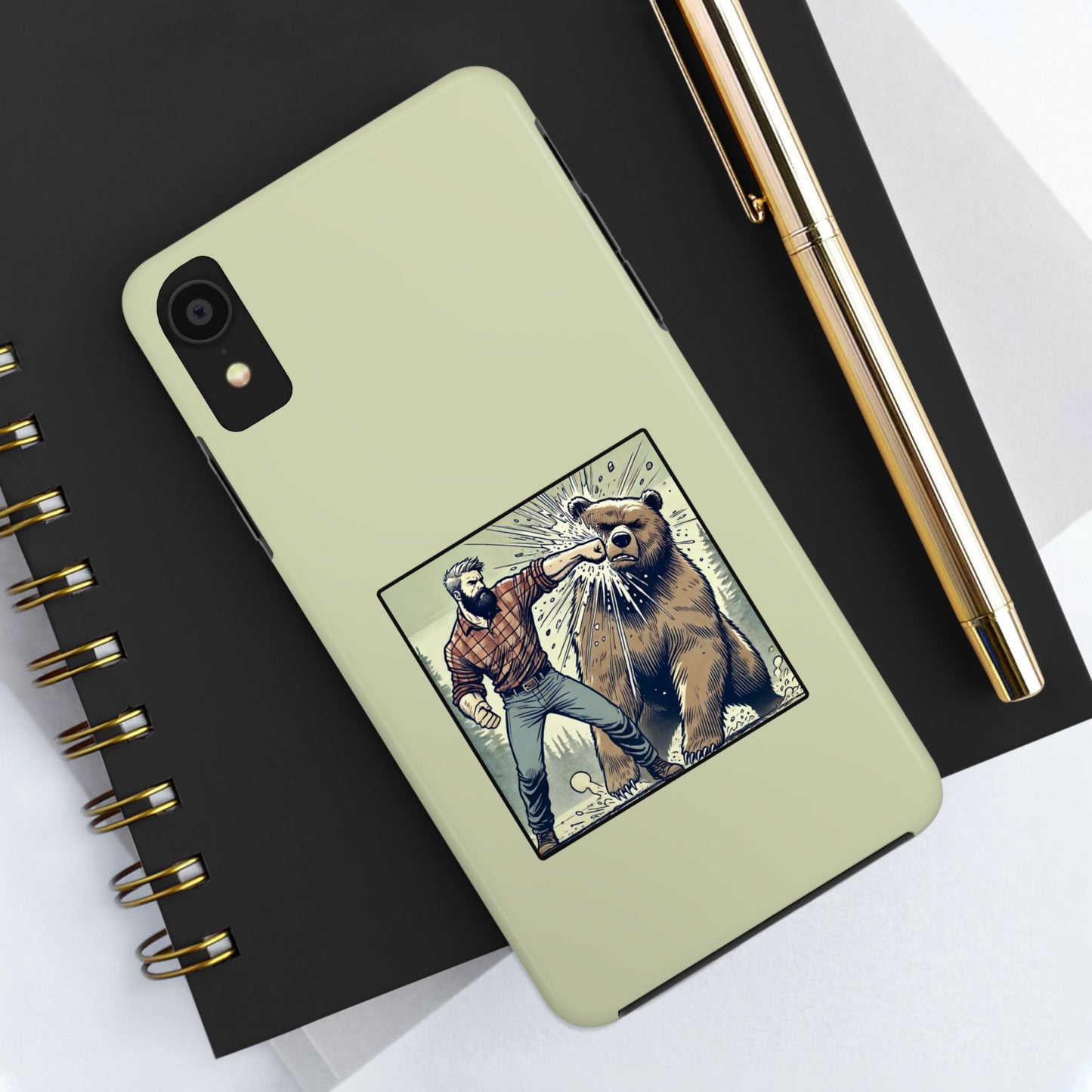 Funny Lumberjack Punching a Bear Phone Case, Wild Manly Gift, Meme Phone Cover, Absurd Graphic Art for Him, iPhone & Samsung Phone Case