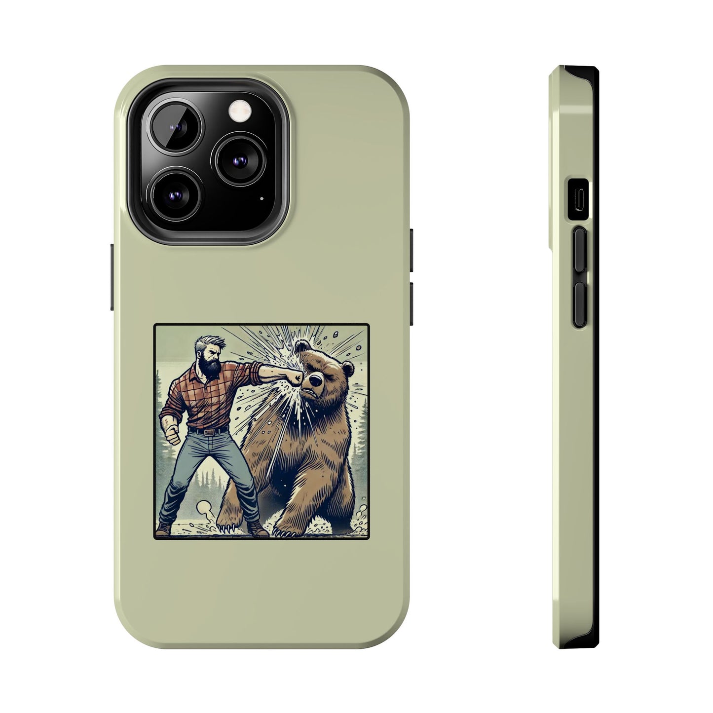 Funny Lumberjack Punching a Bear Phone Case, Wild Manly Gift, Meme Phone Cover, Absurd Graphic Art for Him, iPhone & Samsung Phone Case