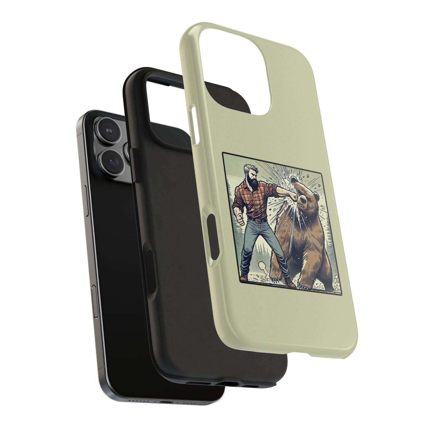 Funny Lumberjack Punching a Bear Phone Case, Wild Manly Gift, Meme Phone Cover, Absurd Graphic Art for Him, iPhone & Samsung Phone Case