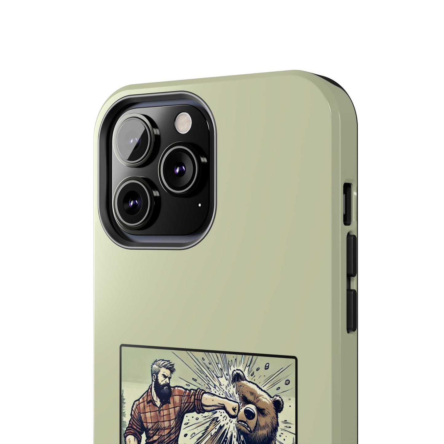 Funny Lumberjack Punching a Bear Phone Case, Wild Manly Gift, Meme Phone Cover, Absurd Graphic Art for Him, iPhone & Samsung Phone Case