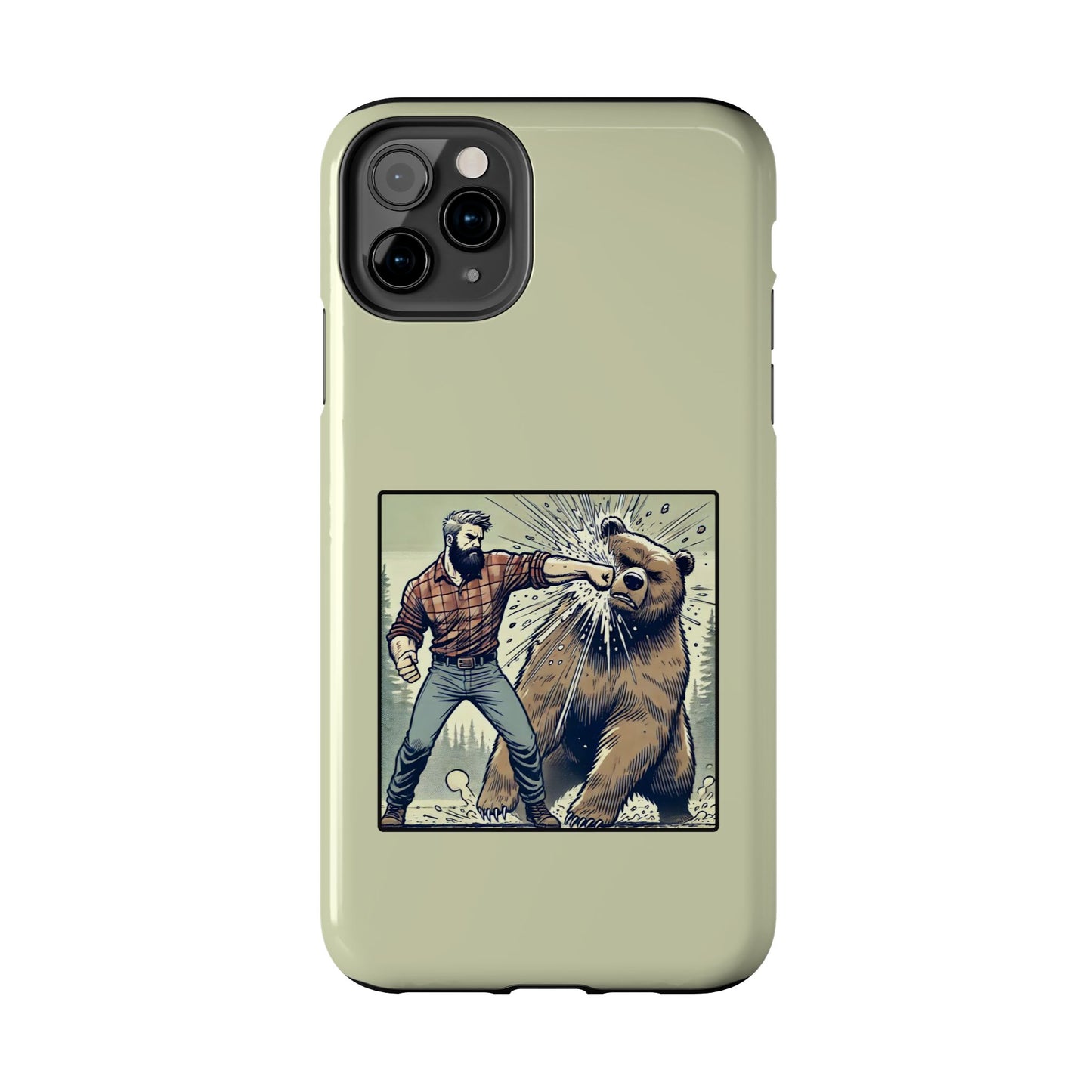 Funny Lumberjack Punching a Bear Phone Case, Wild Manly Gift, Meme Phone Cover, Absurd Graphic Art for Him, iPhone & Samsung Phone Case