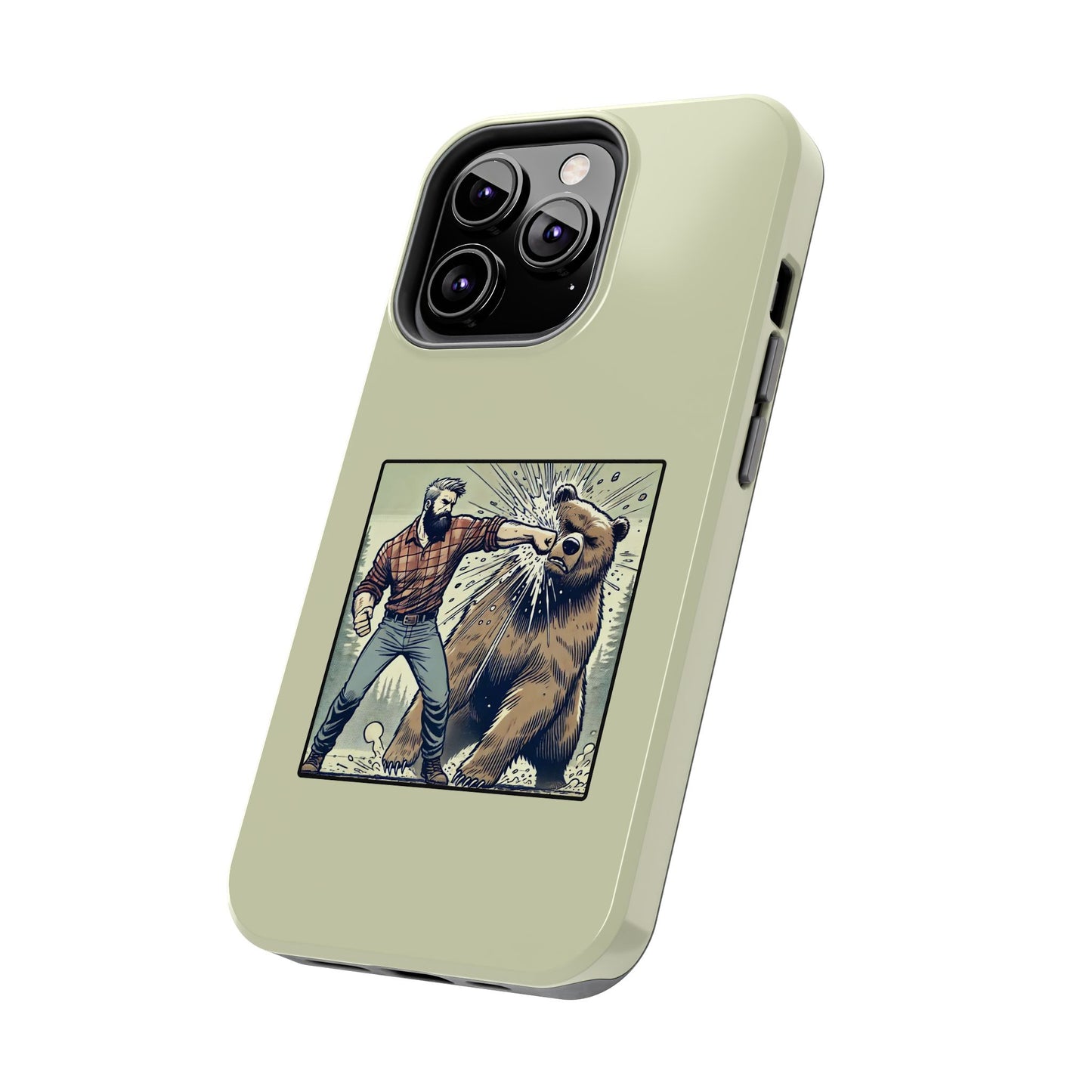 Funny Lumberjack Punching a Bear Phone Case, Wild Manly Gift, Meme Phone Cover, Absurd Graphic Art for Him, iPhone & Samsung Phone Case