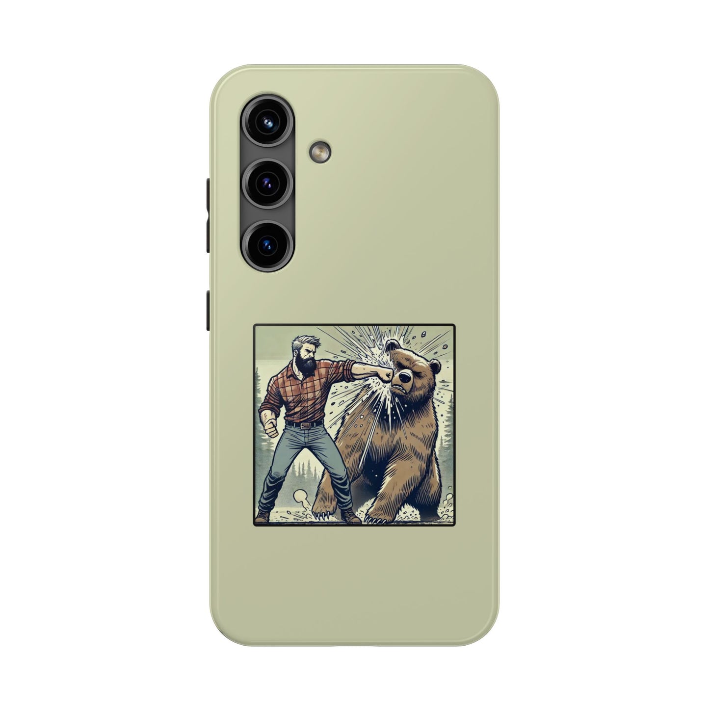 Funny Lumberjack Punching a Bear Phone Case, Wild Manly Gift, Meme Phone Cover, Absurd Graphic Art for Him, iPhone & Samsung Phone Case