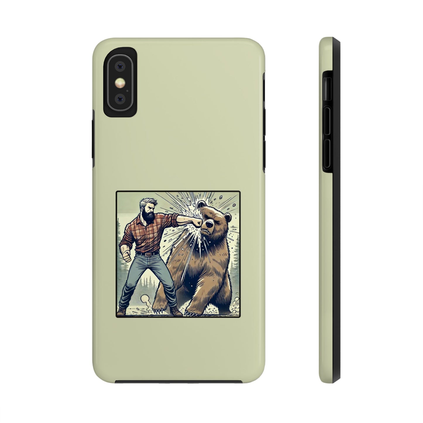 Funny Lumberjack Punching a Bear Phone Case, Wild Manly Gift, Meme Phone Cover, Absurd Graphic Art for Him, iPhone & Samsung Phone Case