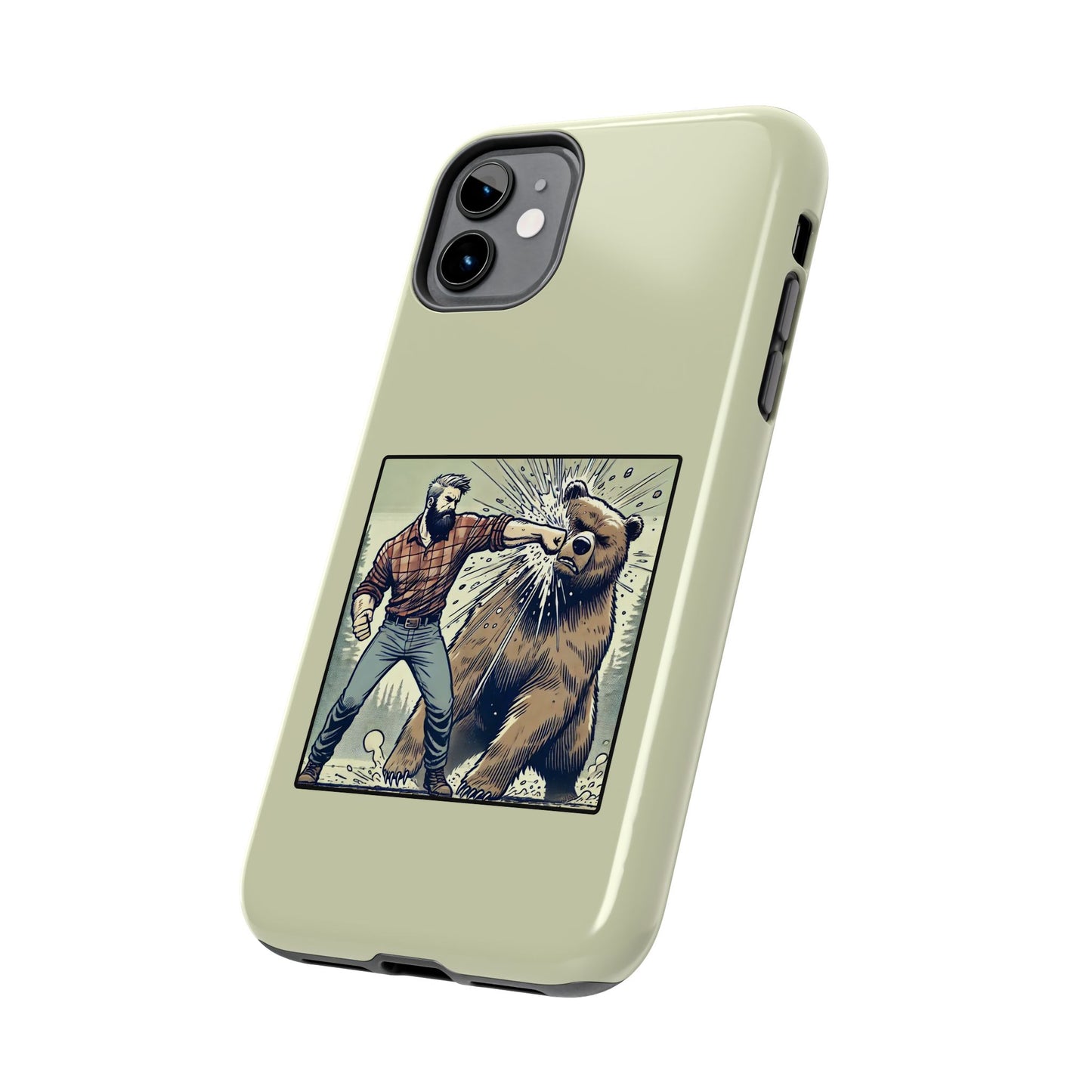 Funny Lumberjack Punching a Bear Phone Case, Wild Manly Gift, Meme Phone Cover, Absurd Graphic Art for Him, iPhone & Samsung Phone Case