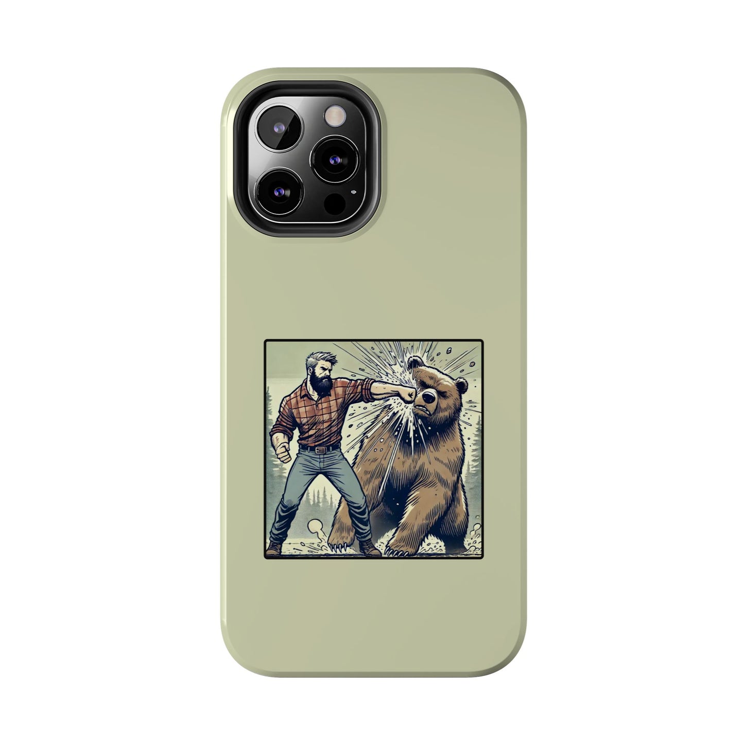 Funny Lumberjack Punching a Bear Phone Case, Wild Manly Gift, Meme Phone Cover, Absurd Graphic Art for Him, iPhone & Samsung Phone Case