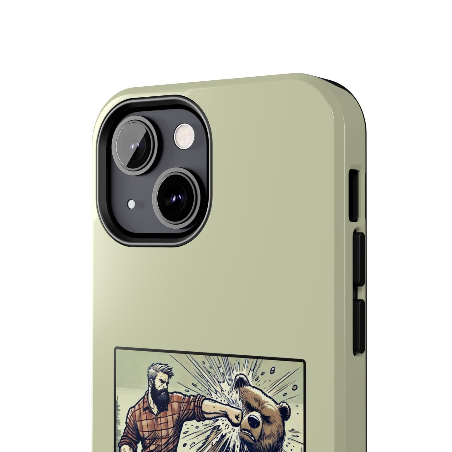 Funny Lumberjack Punching a Bear Phone Case, Wild Manly Gift, Meme Phone Cover, Absurd Graphic Art for Him, iPhone & Samsung Phone Case