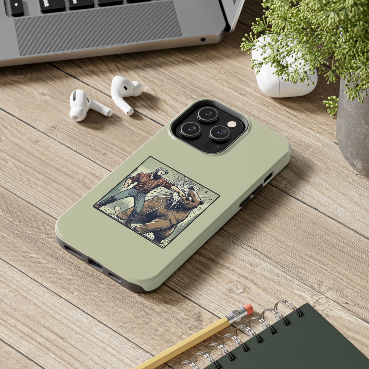 Funny Lumberjack Punching a Bear Phone Case, Wild Manly Gift, Meme Phone Cover, Absurd Graphic Art for Him, iPhone & Samsung Phone Case