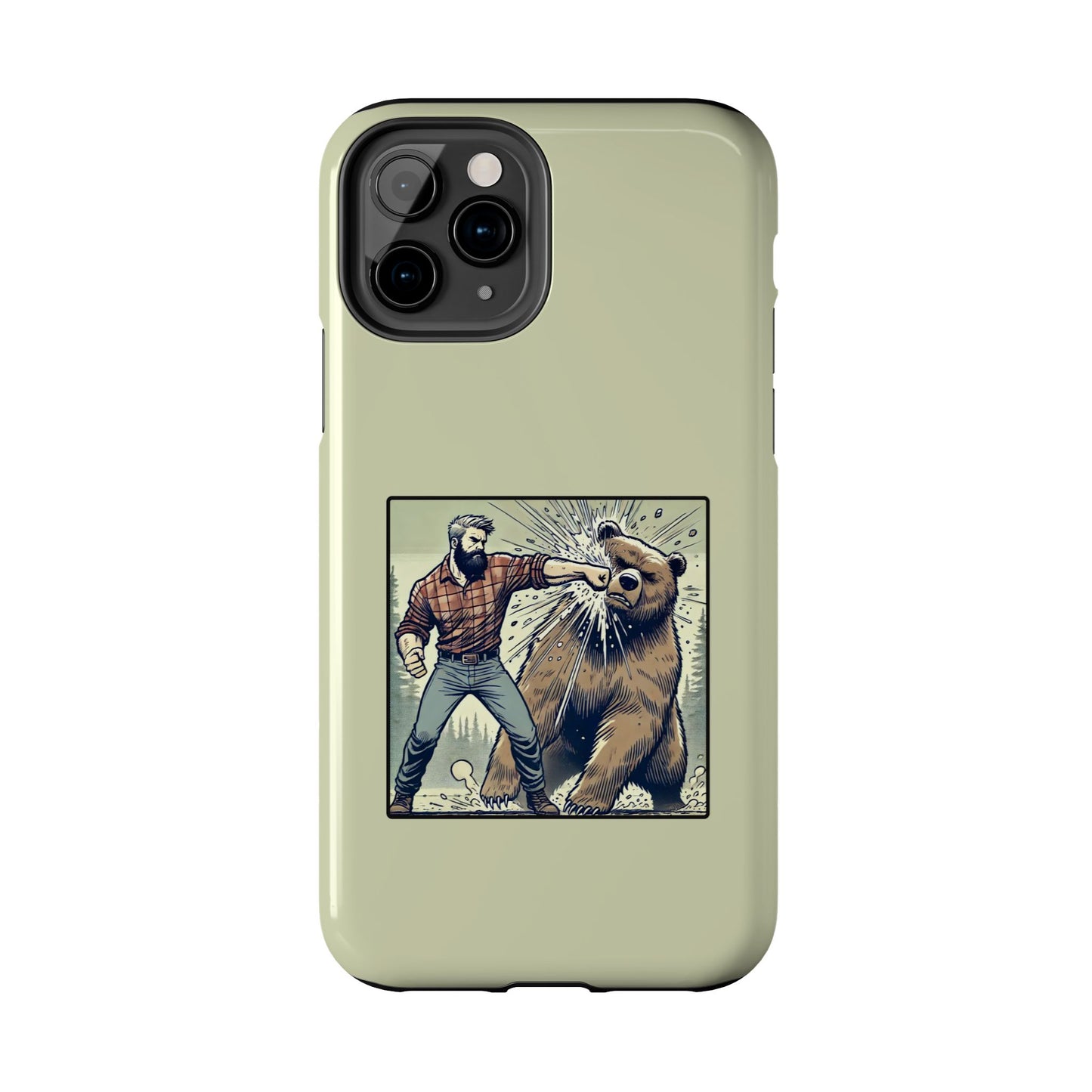 Funny Lumberjack Punching a Bear Phone Case, Wild Manly Gift, Meme Phone Cover, Absurd Graphic Art for Him, iPhone & Samsung Phone Case