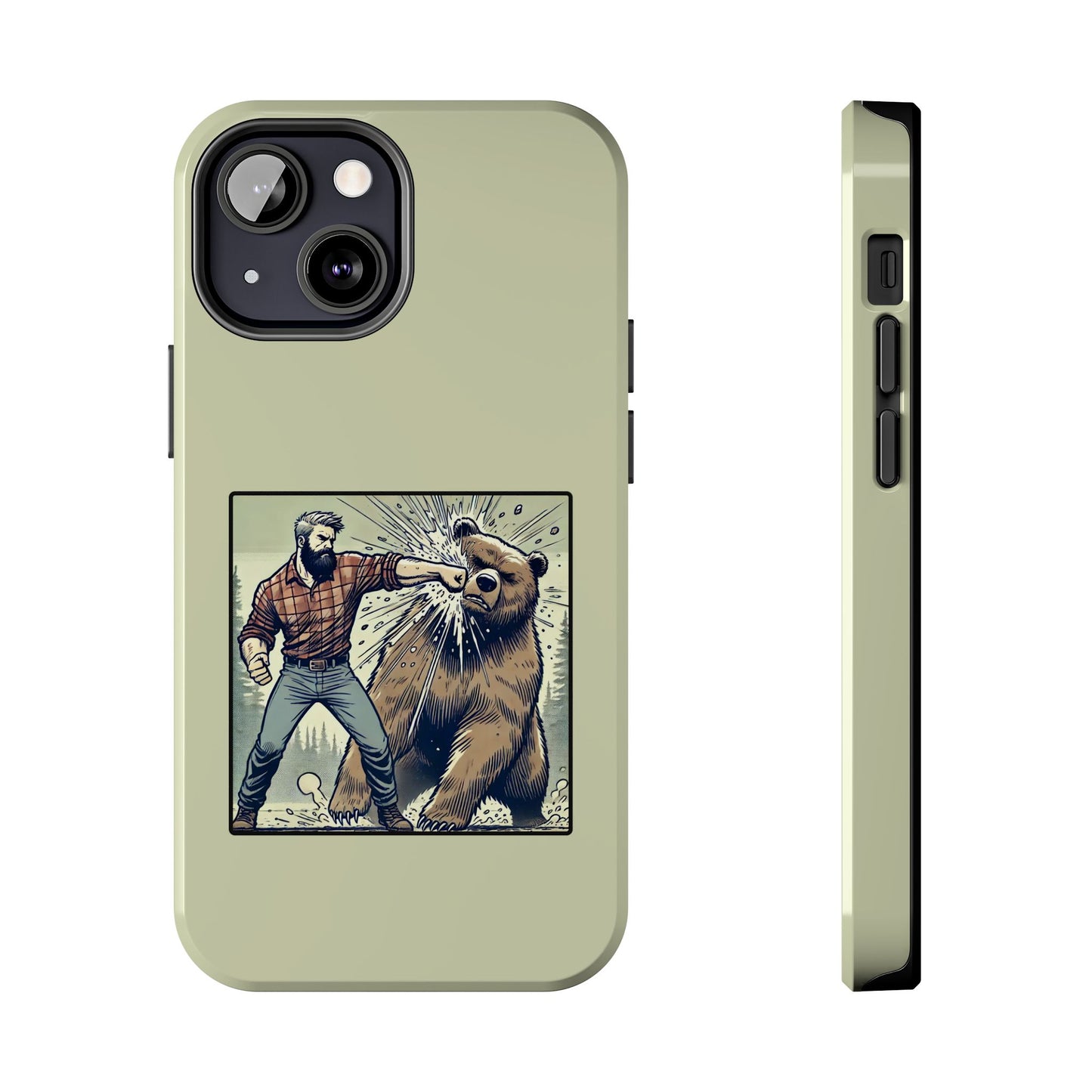 Funny Lumberjack Punching a Bear Phone Case, Wild Manly Gift, Meme Phone Cover, Absurd Graphic Art for Him, iPhone & Samsung Phone Case
