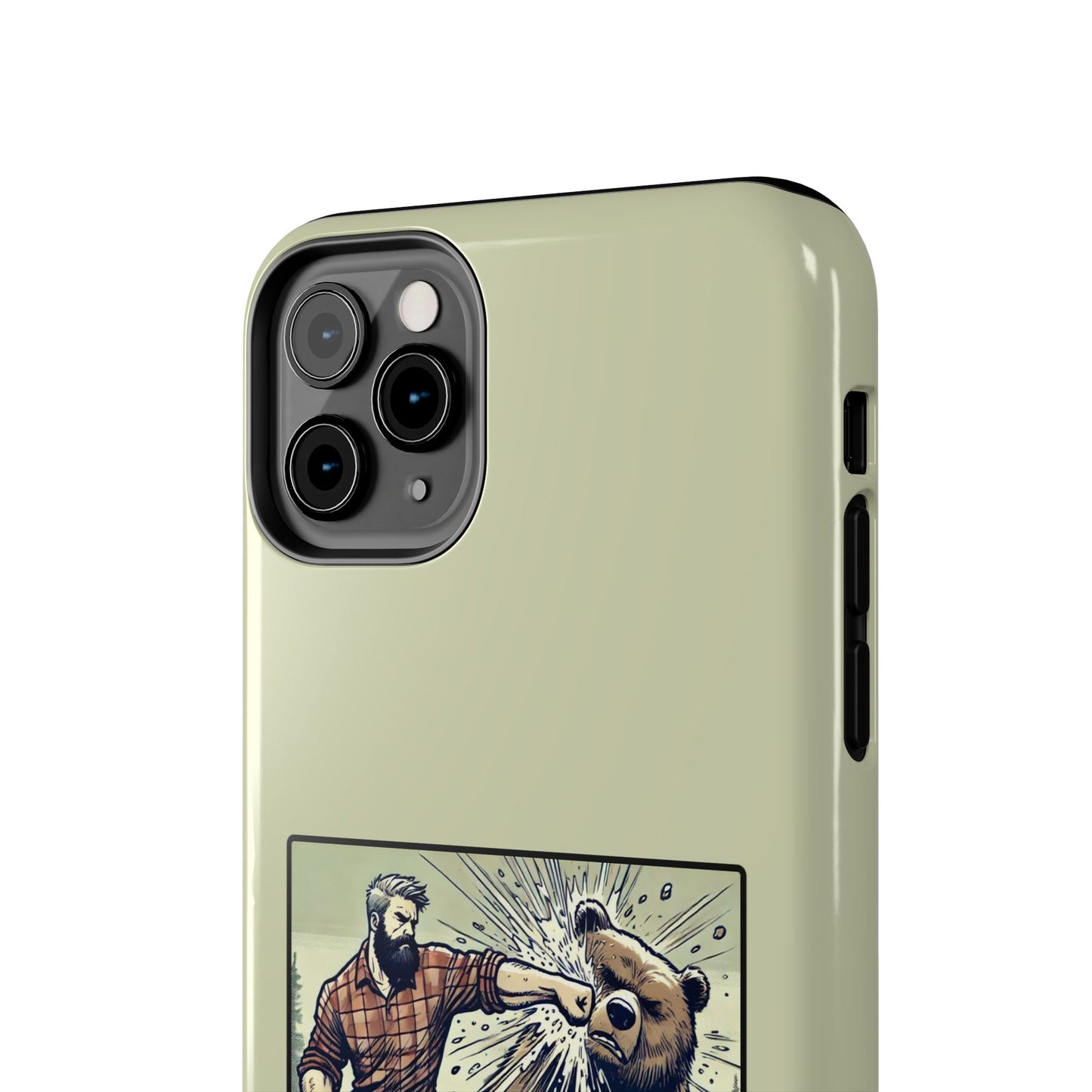 Funny Lumberjack Punching a Bear Phone Case, Wild Manly Gift, Meme Phone Cover, Absurd Graphic Art for Him, iPhone & Samsung Phone Case