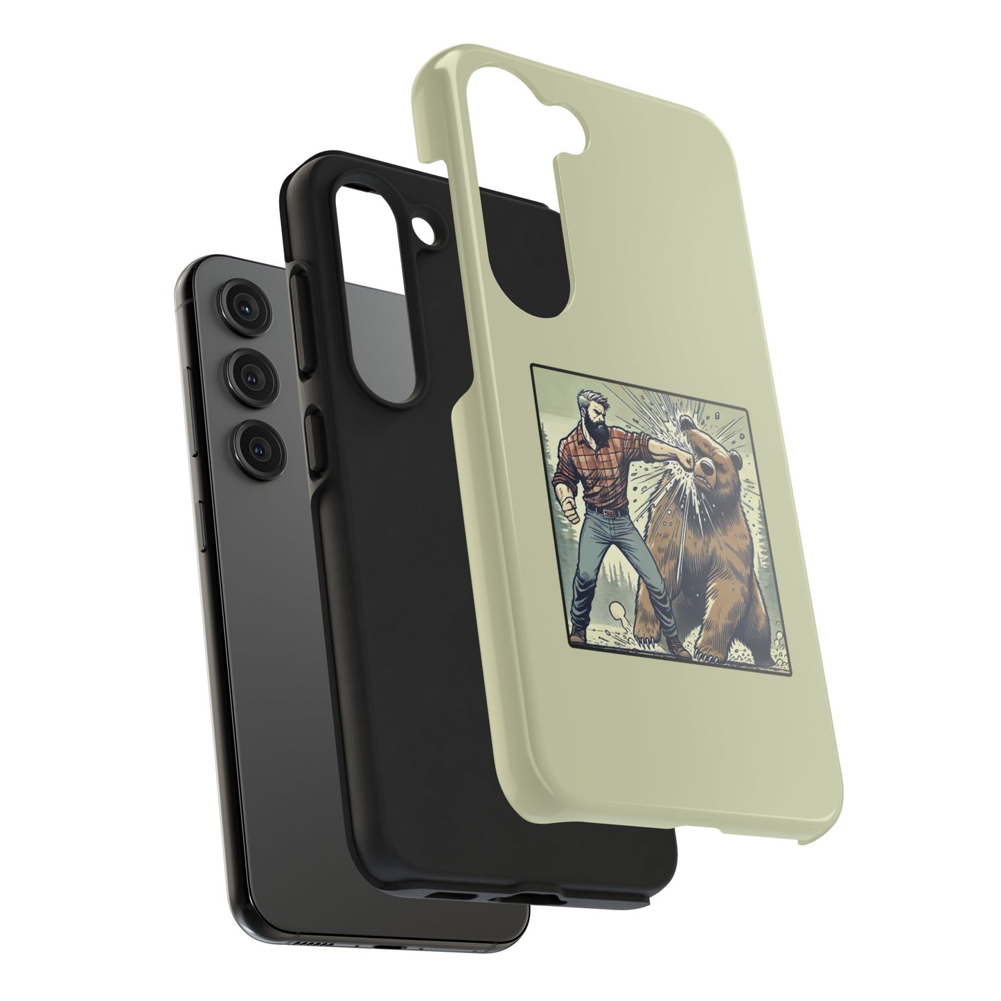 Funny Lumberjack Punching a Bear Phone Case, Wild Manly Gift, Meme Phone Cover, Absurd Graphic Art for Him, iPhone & Samsung Phone Case
