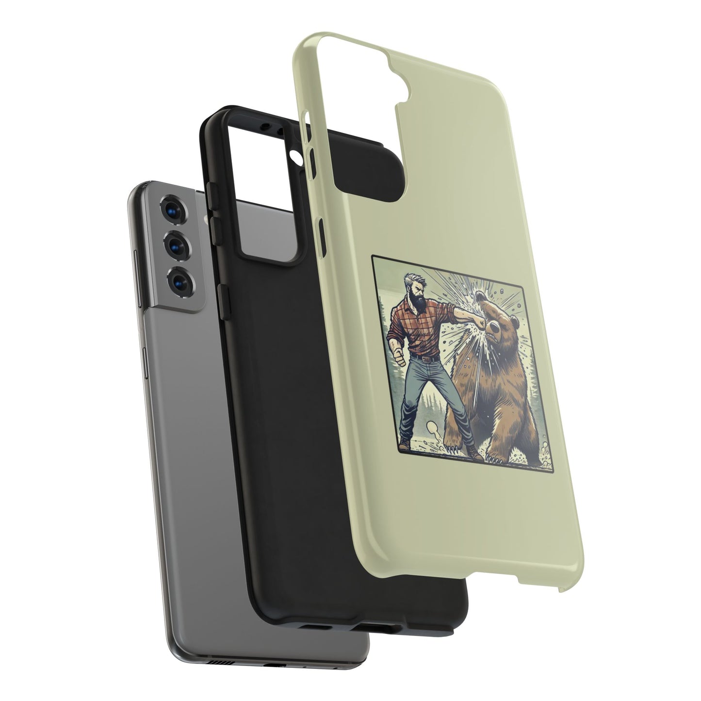 Funny Lumberjack Punching a Bear Phone Case, Wild Manly Gift, Meme Phone Cover, Absurd Graphic Art for Him, iPhone & Samsung Phone Case