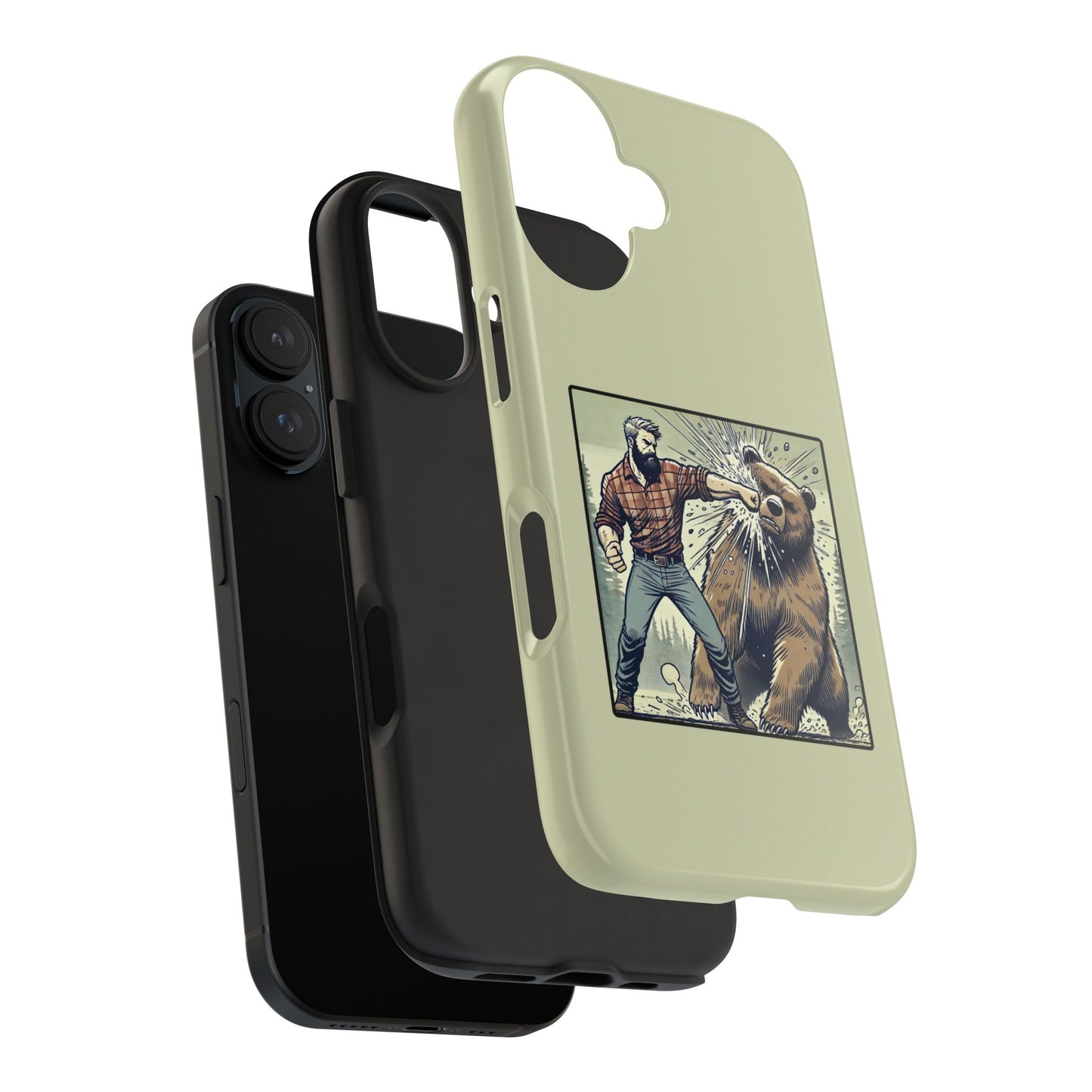 Funny Lumberjack Punching a Bear Phone Case, Wild Manly Gift, Meme Phone Cover, Absurd Graphic Art for Him, iPhone & Samsung Phone Case