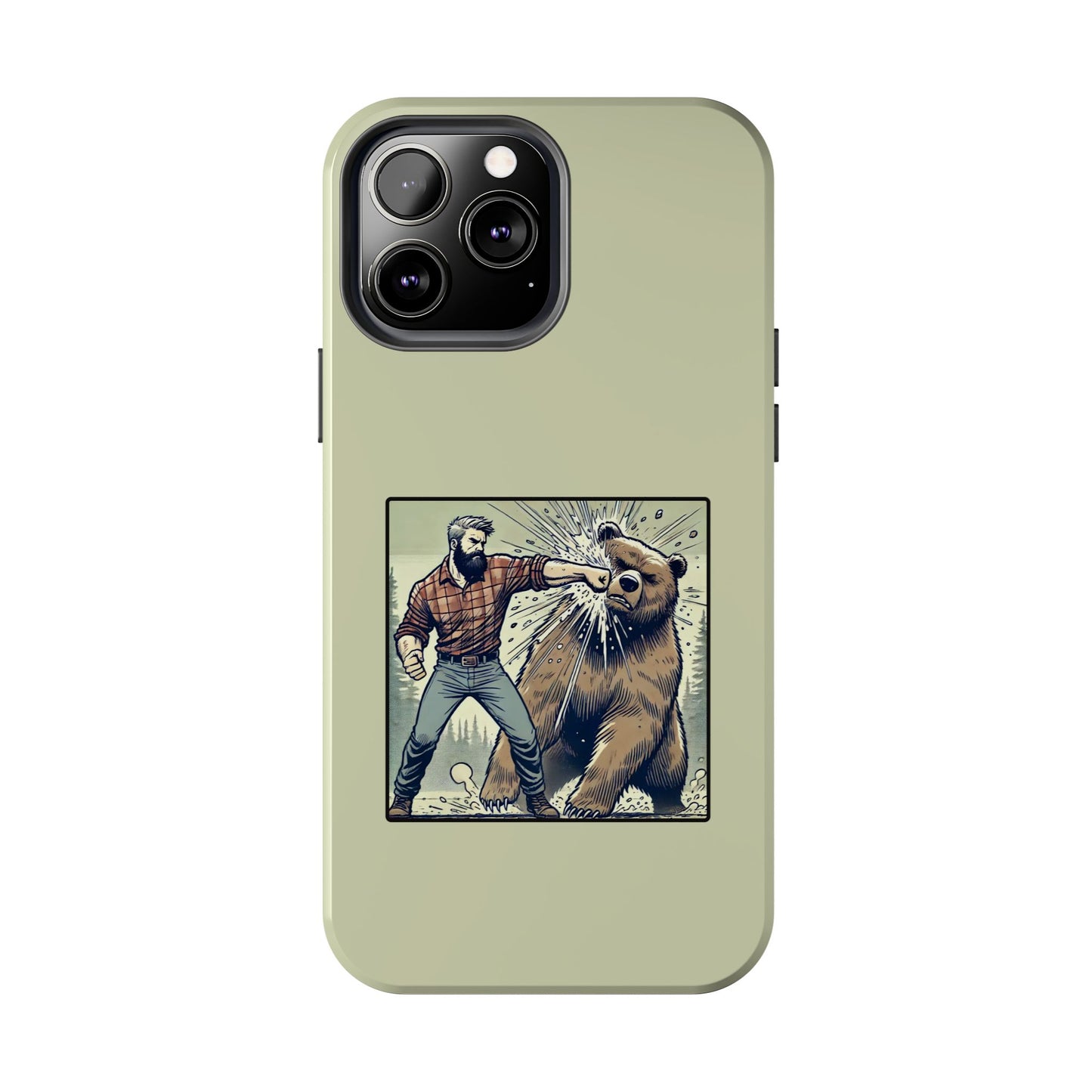 Funny Lumberjack Punching a Bear Phone Case, Wild Manly Gift, Meme Phone Cover, Absurd Graphic Art for Him, iPhone & Samsung Phone Case