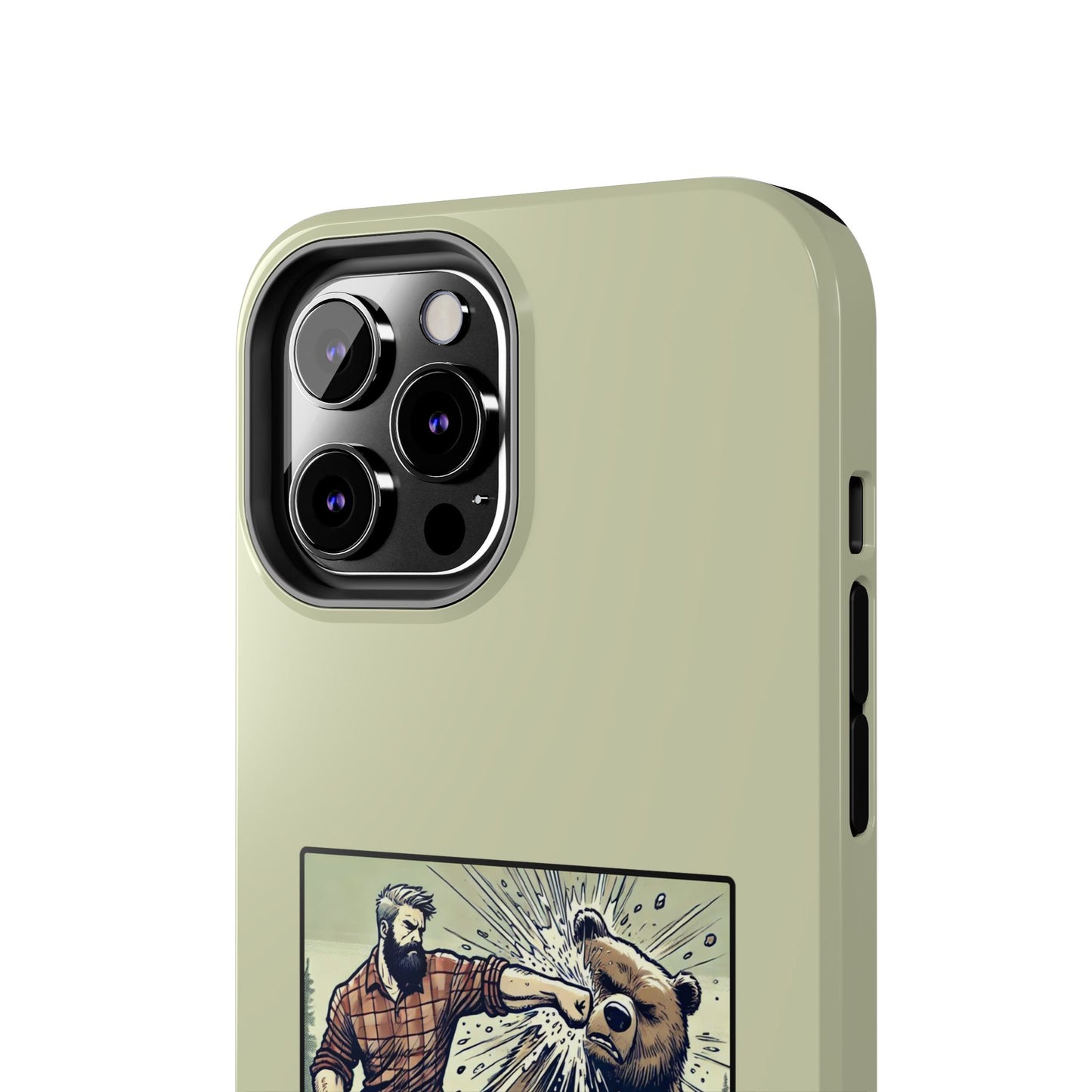 Funny Lumberjack Punching a Bear Phone Case, Wild Manly Gift, Meme Phone Cover, Absurd Graphic Art for Him, iPhone & Samsung Phone Case