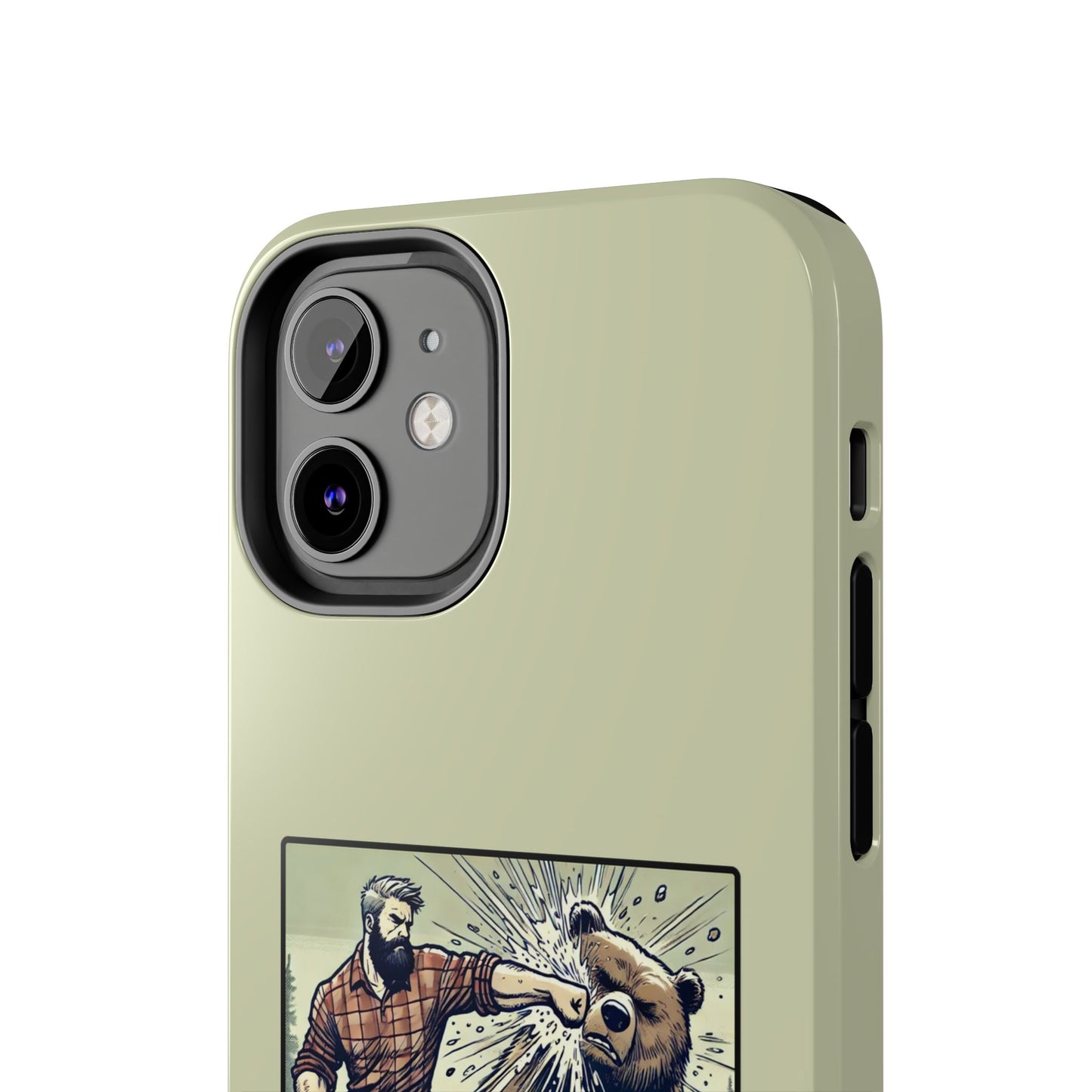 Funny Lumberjack Punching a Bear Phone Case, Wild Manly Gift, Meme Phone Cover, Absurd Graphic Art for Him, iPhone & Samsung Phone Case