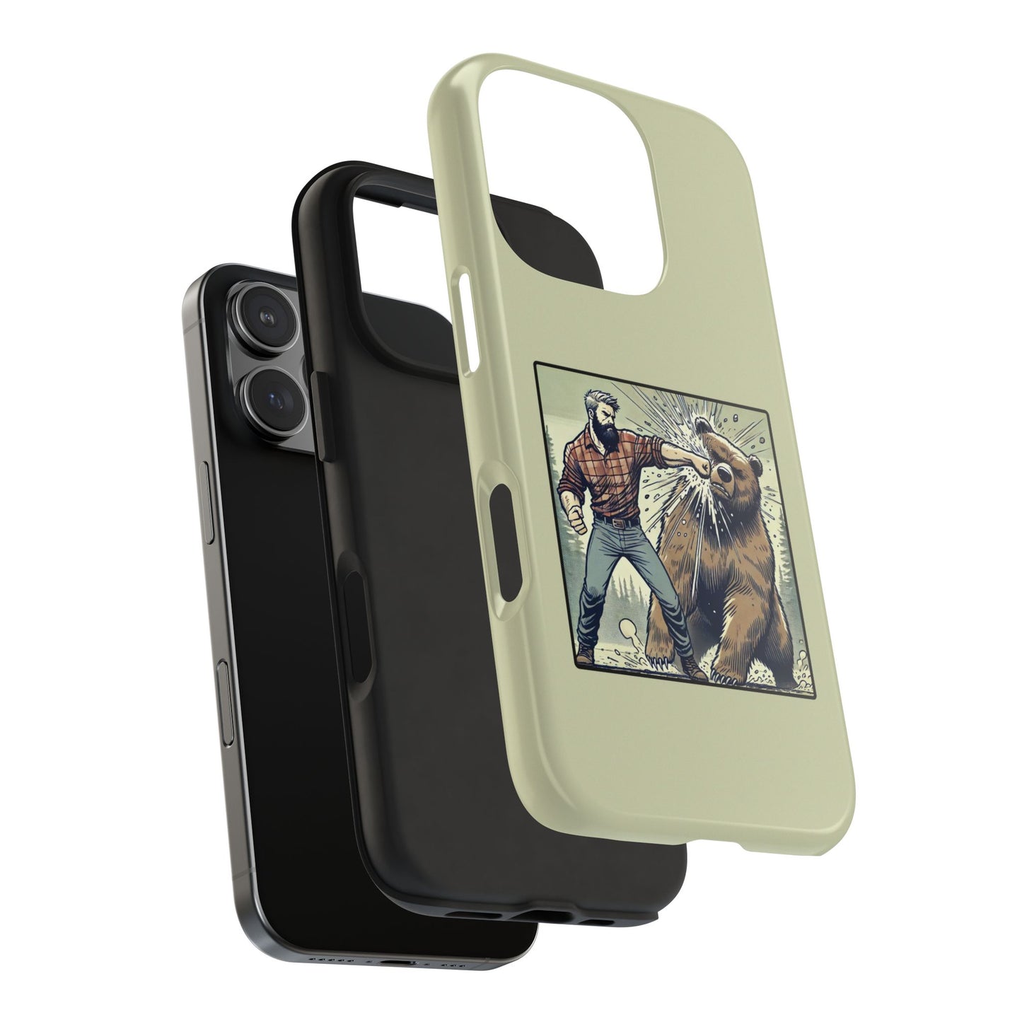 Funny Lumberjack Punching a Bear Phone Case, Wild Manly Gift, Meme Phone Cover, Absurd Graphic Art for Him, iPhone & Samsung Phone Case