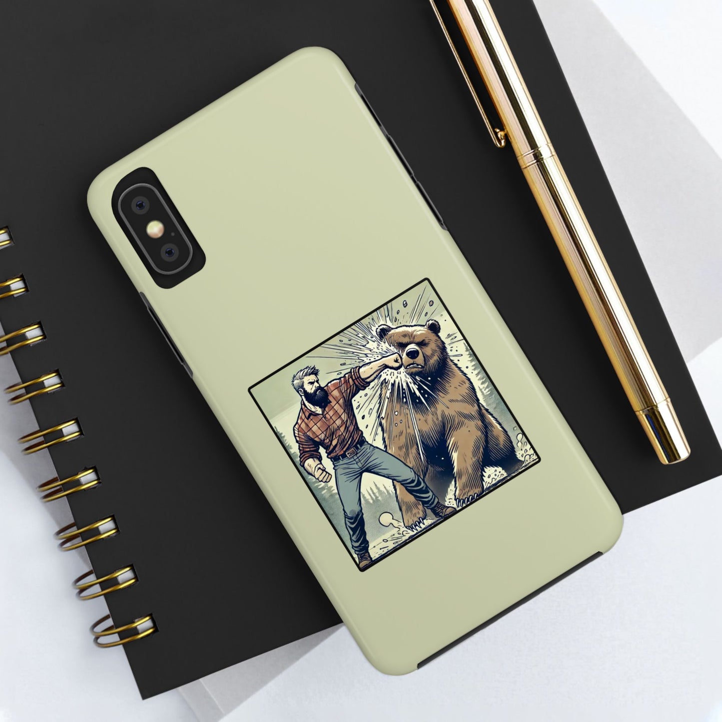 Funny Lumberjack Punching a Bear Phone Case, Wild Manly Gift, Meme Phone Cover, Absurd Graphic Art for Him, iPhone & Samsung Phone Case