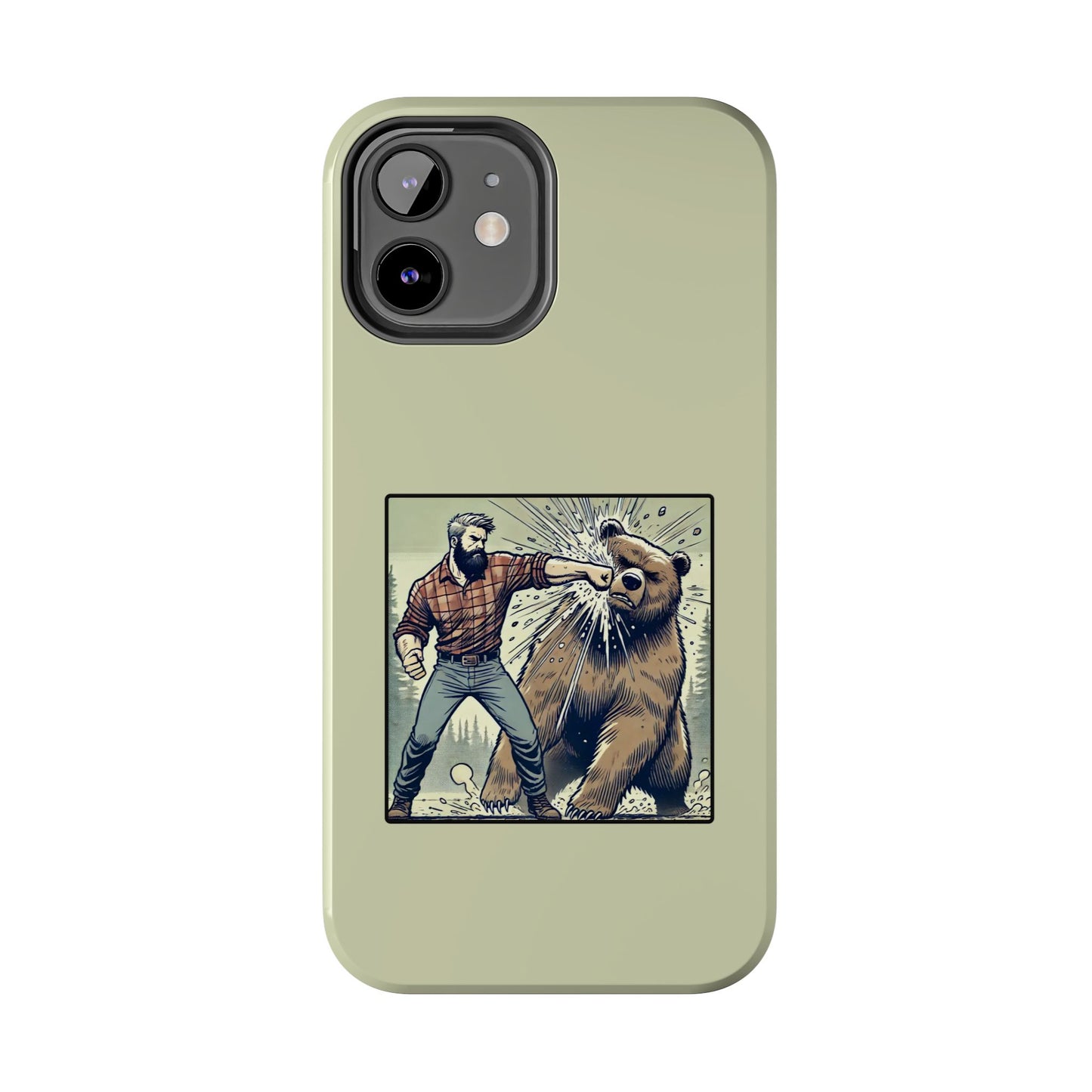 Funny Lumberjack Punching a Bear Phone Case, Wild Manly Gift, Meme Phone Cover, Absurd Graphic Art for Him, iPhone & Samsung Phone Case