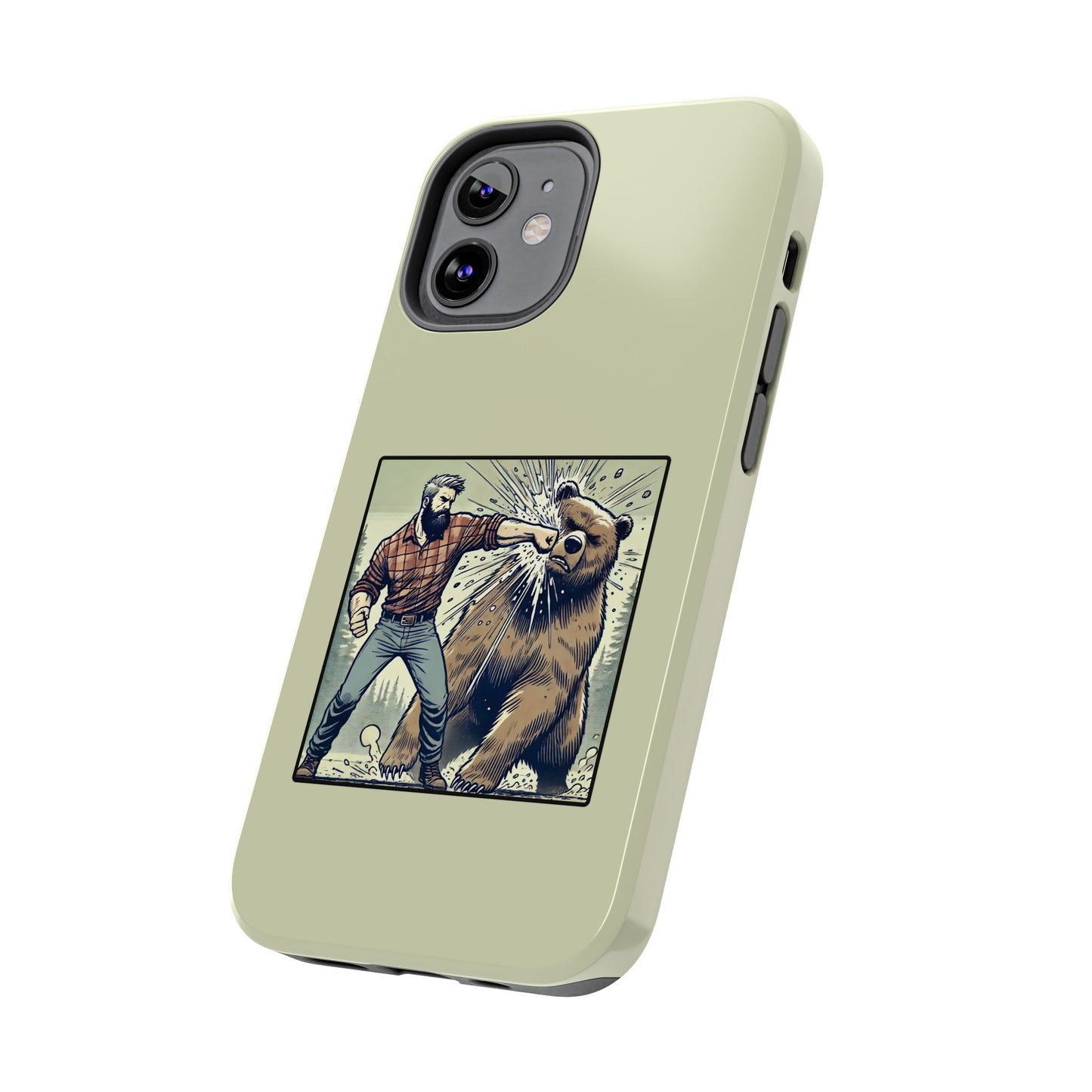 Funny Lumberjack Punching a Bear Phone Case, Wild Manly Gift, Meme Phone Cover, Absurd Graphic Art for Him, iPhone & Samsung Phone Case