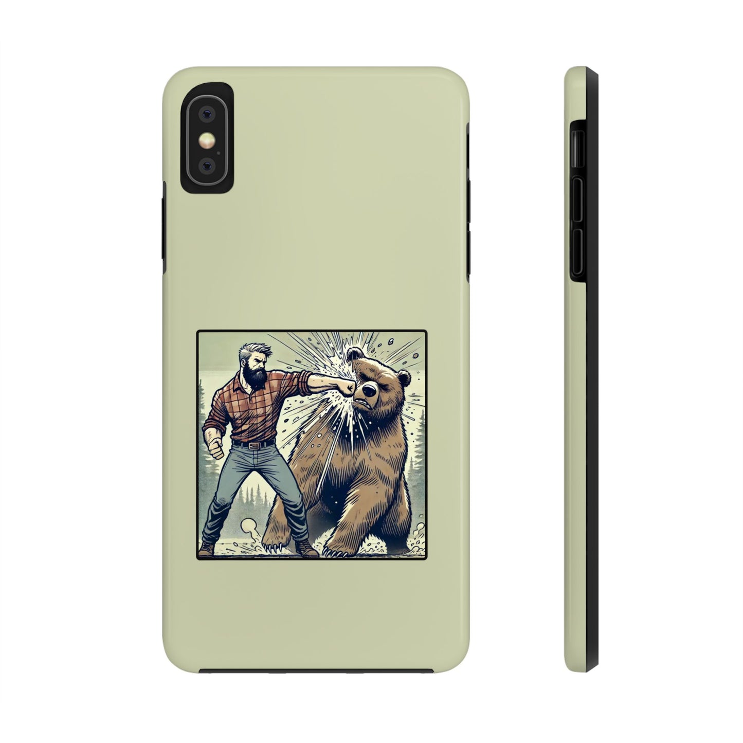 Funny Lumberjack Punching a Bear Phone Case, Wild Manly Gift, Meme Phone Cover, Absurd Graphic Art for Him, iPhone & Samsung Phone Case