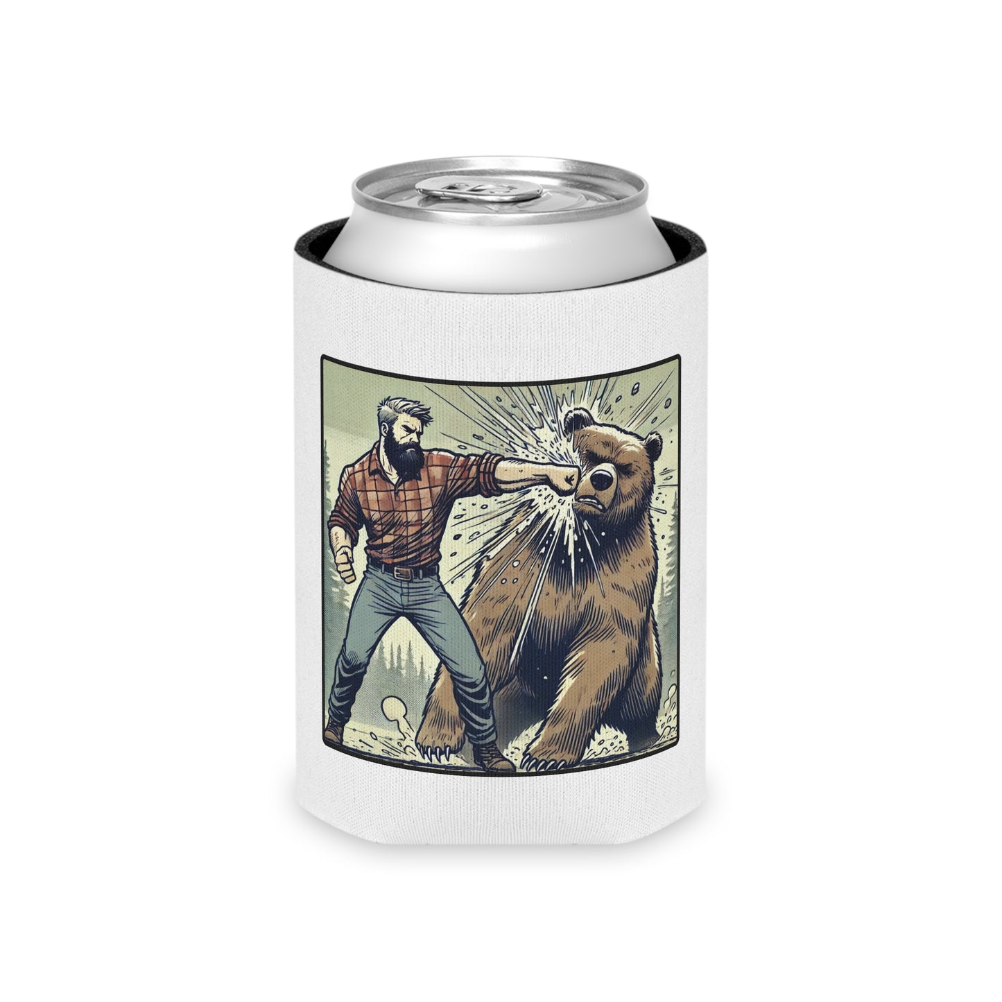 Funny Bear Punch Can Cooler, Gift for Men Who Drink Beer, Camping BBQ Drink Holder, Outdoorsman Humor, Party Koozie, Retro Style