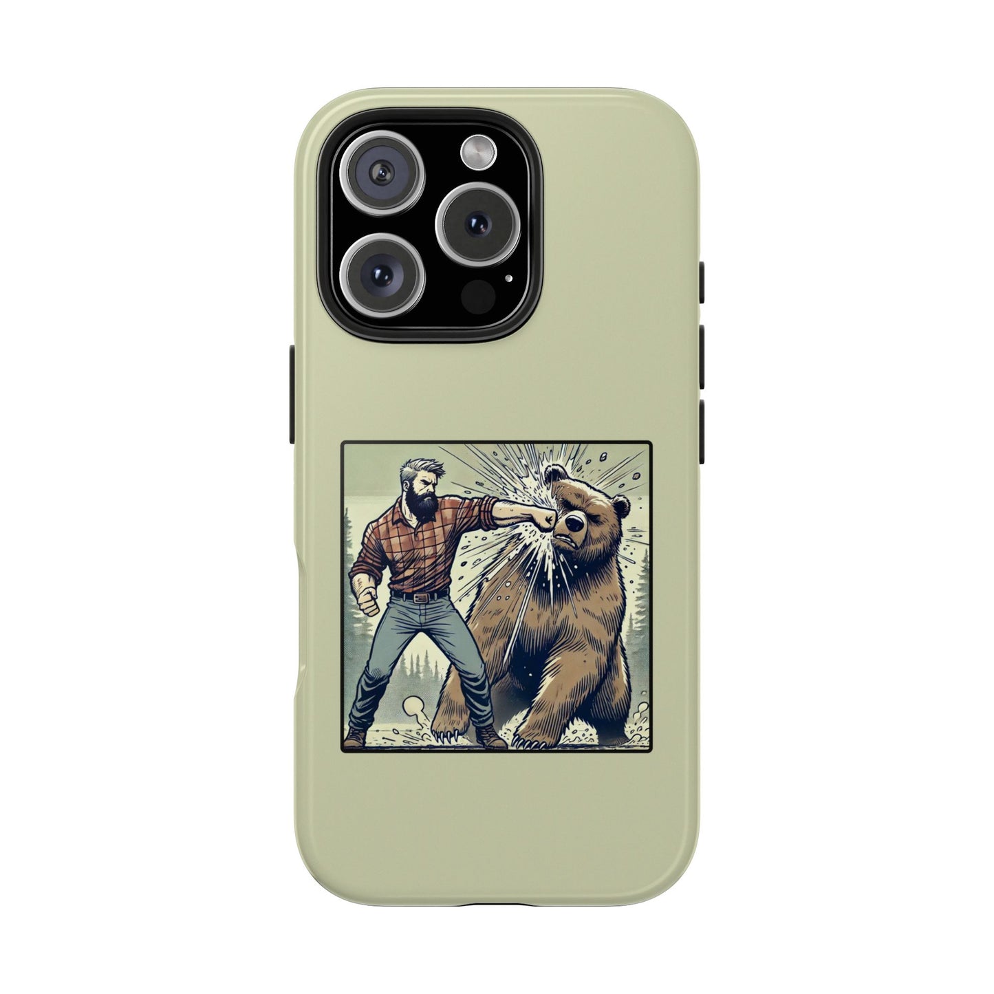 Funny Lumberjack Punching a Bear Phone Case, Wild Manly Gift, Meme Phone Cover, Absurd Graphic Art for Him, iPhone & Samsung Phone Case