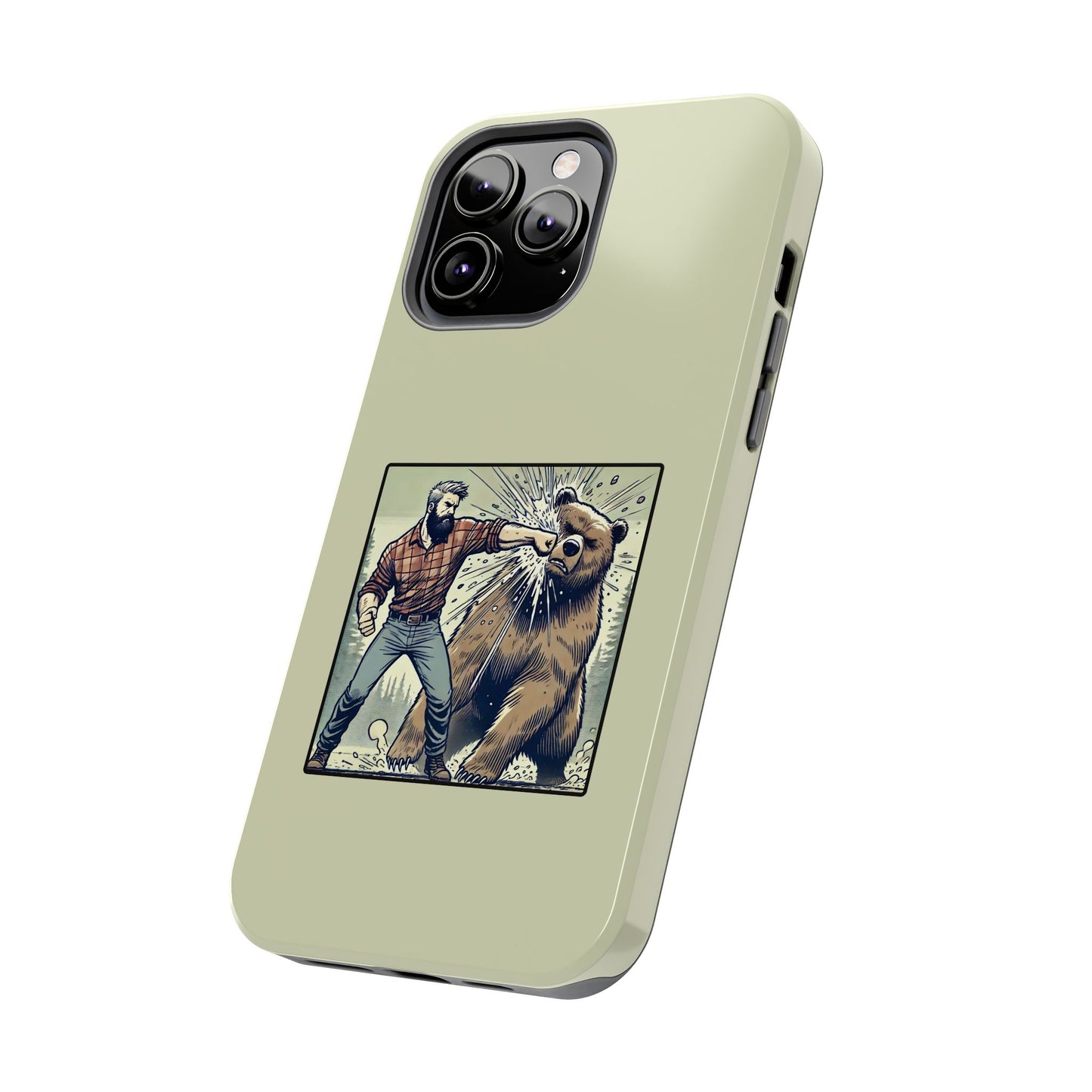 Funny Lumberjack Punching a Bear Phone Case, Wild Manly Gift, Meme Phone Cover, Absurd Graphic Art for Him, iPhone & Samsung Phone Case