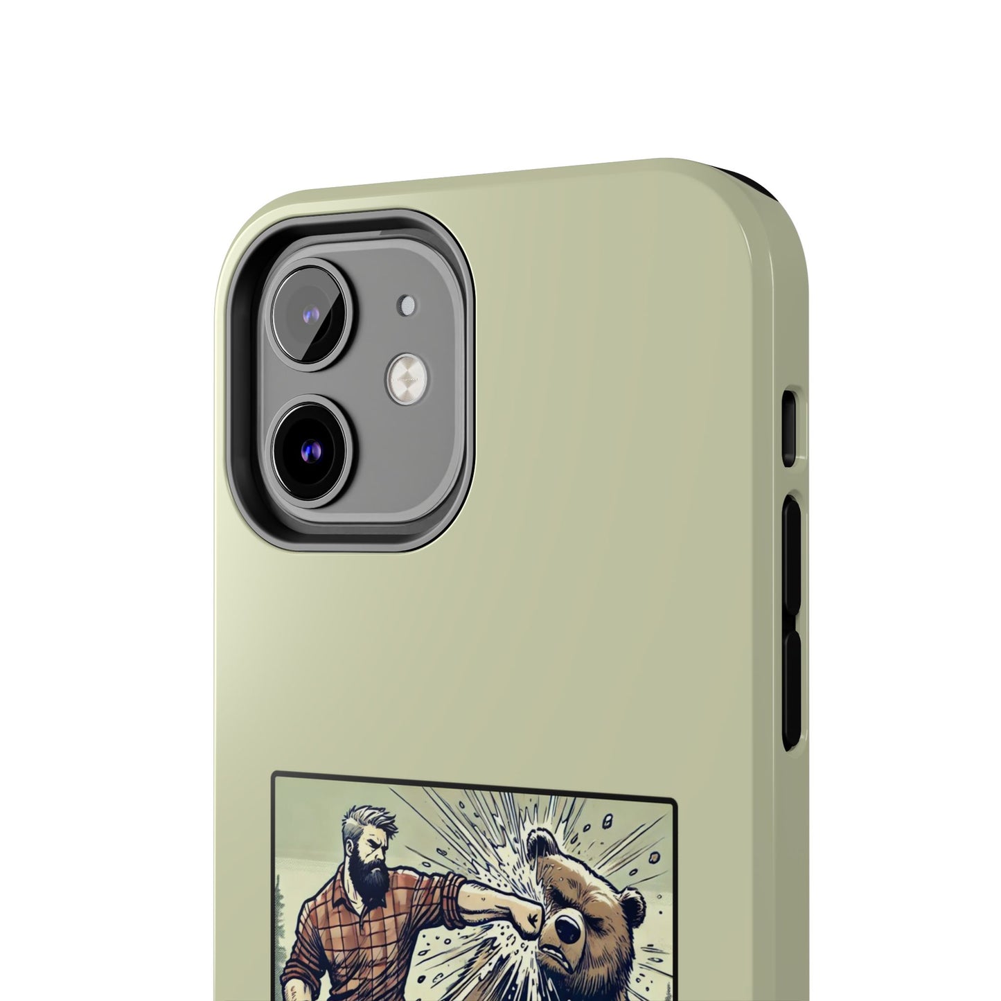 Funny Lumberjack Punching a Bear Phone Case, Wild Manly Gift, Meme Phone Cover, Absurd Graphic Art for Him, iPhone & Samsung Phone Case