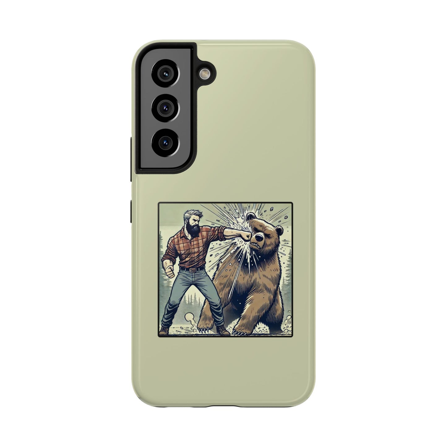 Funny Lumberjack Punching a Bear Phone Case, Wild Manly Gift, Meme Phone Cover, Absurd Graphic Art for Him, iPhone & Samsung Phone Case