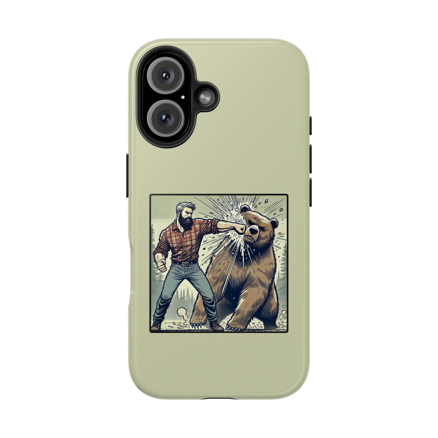 Funny Lumberjack Punching a Bear Phone Case, Wild Manly Gift, Meme Phone Cover, Absurd Graphic Art for Him, iPhone & Samsung Phone Case