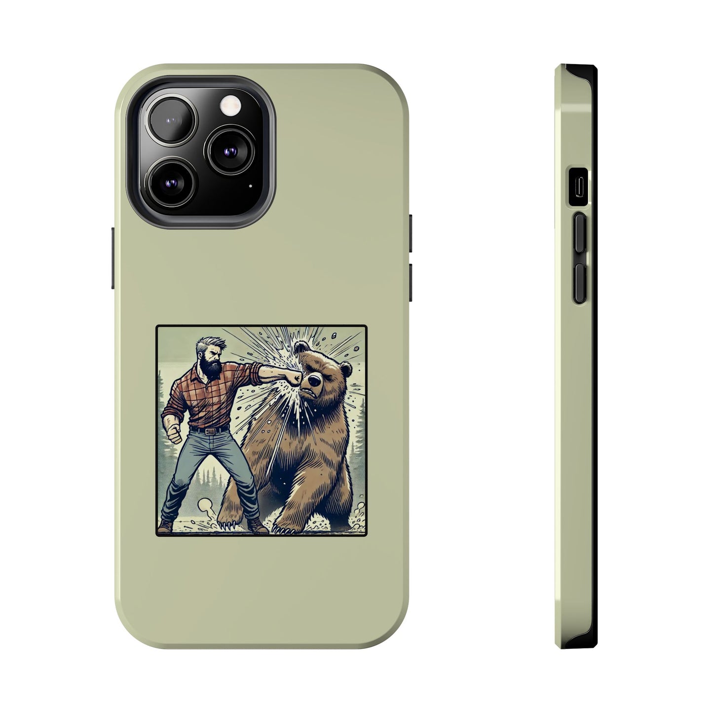 Funny Lumberjack Punching a Bear Phone Case, Wild Manly Gift, Meme Phone Cover, Absurd Graphic Art for Him, iPhone & Samsung Phone Case