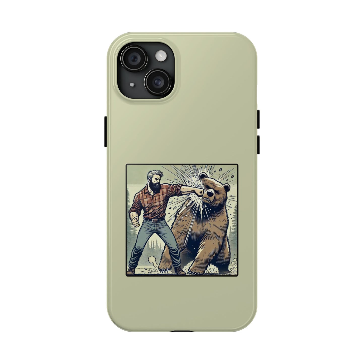 Funny Lumberjack Punching a Bear Phone Case, Wild Manly Gift, Meme Phone Cover, Absurd Graphic Art for Him, iPhone & Samsung Phone Case