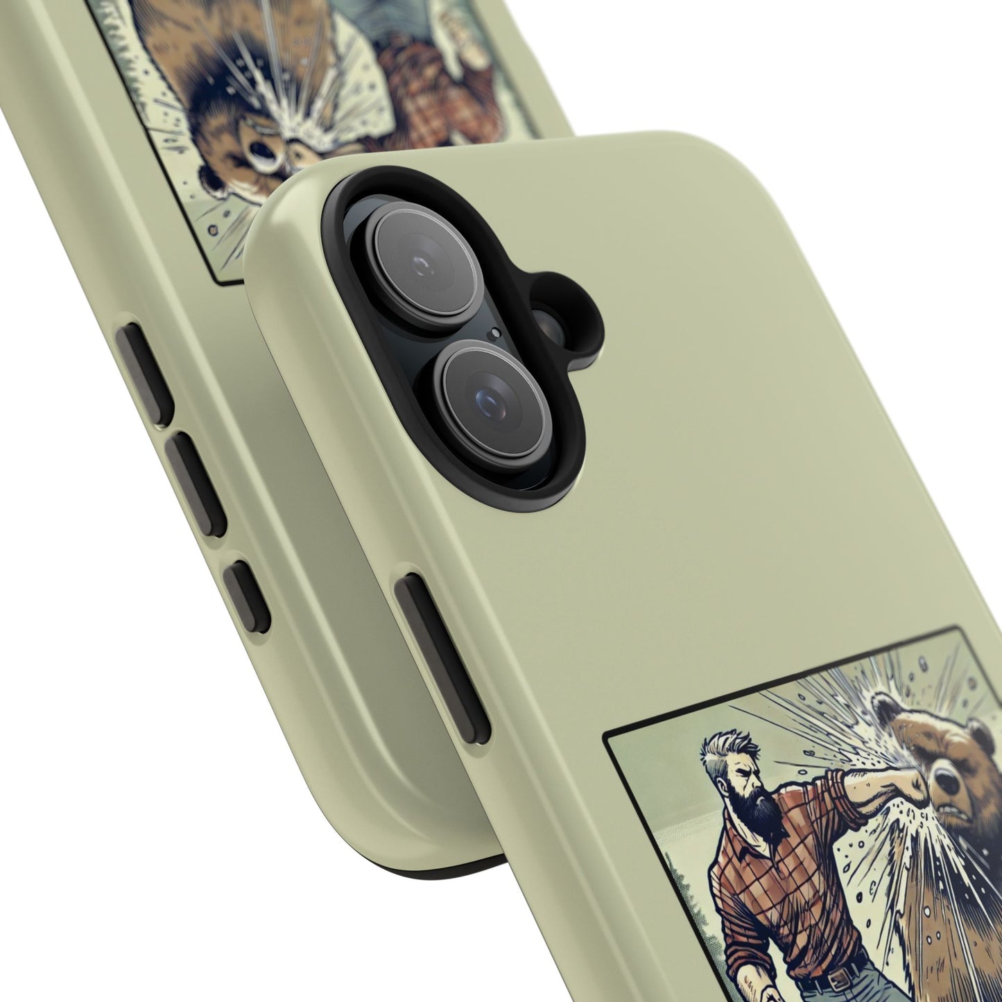 Funny Lumberjack Punching a Bear Phone Case, Wild Manly Gift, Meme Phone Cover, Absurd Graphic Art for Him, iPhone & Samsung Phone Case
