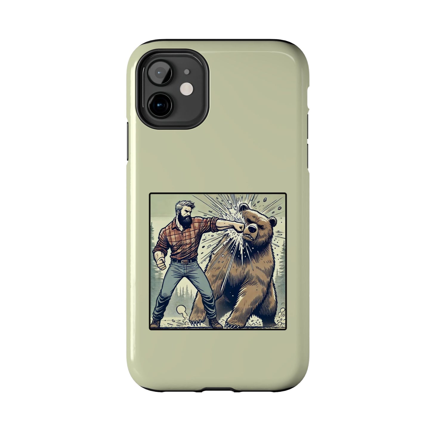 Funny Lumberjack Punching a Bear Phone Case, Wild Manly Gift, Meme Phone Cover, Absurd Graphic Art for Him, iPhone & Samsung Phone Case
