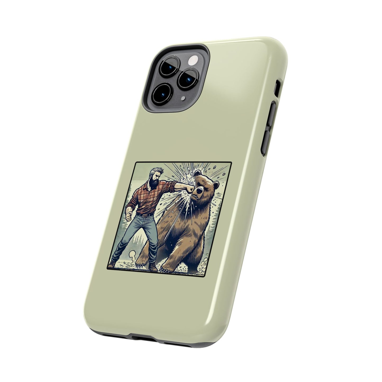 Funny Lumberjack Punching a Bear Phone Case, Wild Manly Gift, Meme Phone Cover, Absurd Graphic Art for Him, iPhone & Samsung Phone Case