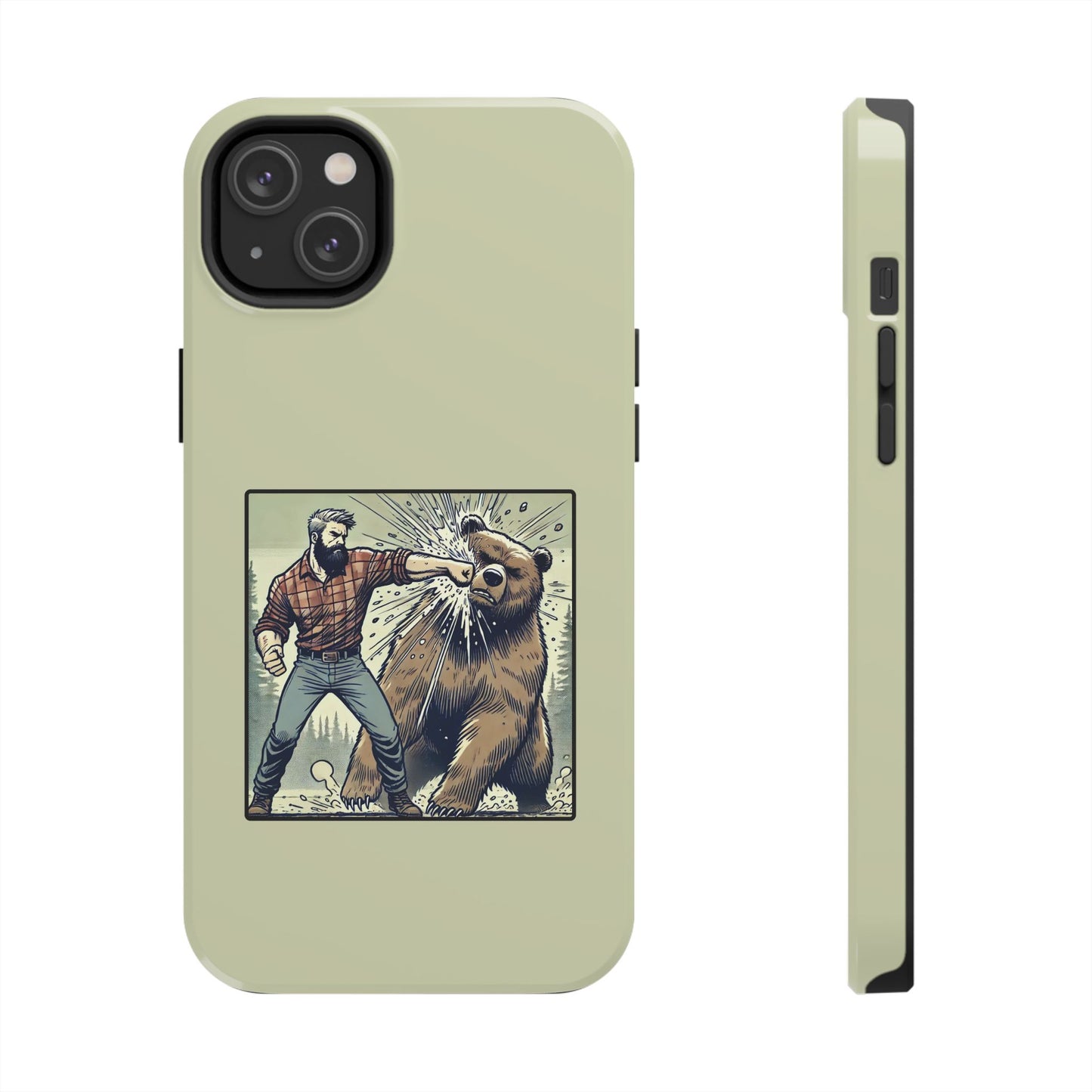 Funny Lumberjack Punching a Bear Phone Case, Wild Manly Gift, Meme Phone Cover, Absurd Graphic Art for Him, iPhone & Samsung Phone Case