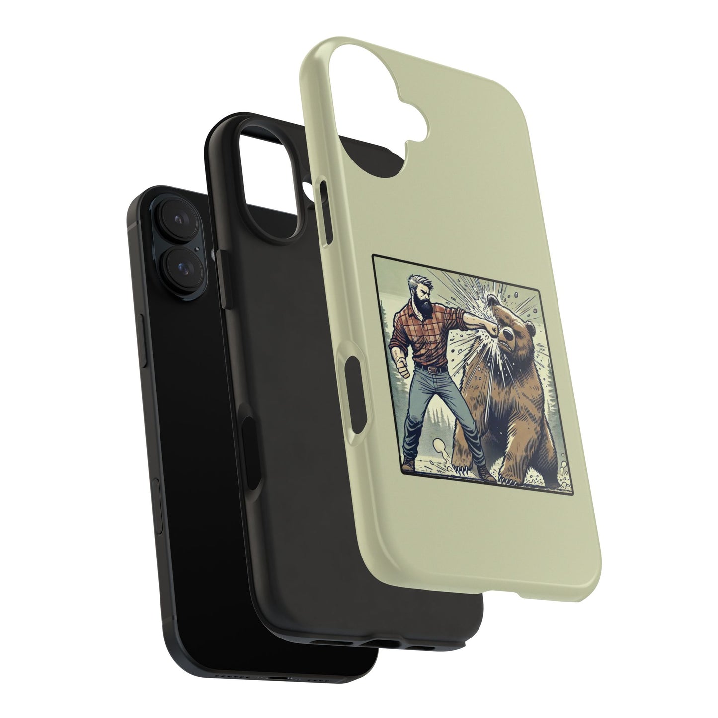 Funny Lumberjack Punching a Bear Phone Case, Wild Manly Gift, Meme Phone Cover, Absurd Graphic Art for Him, iPhone & Samsung Phone Case