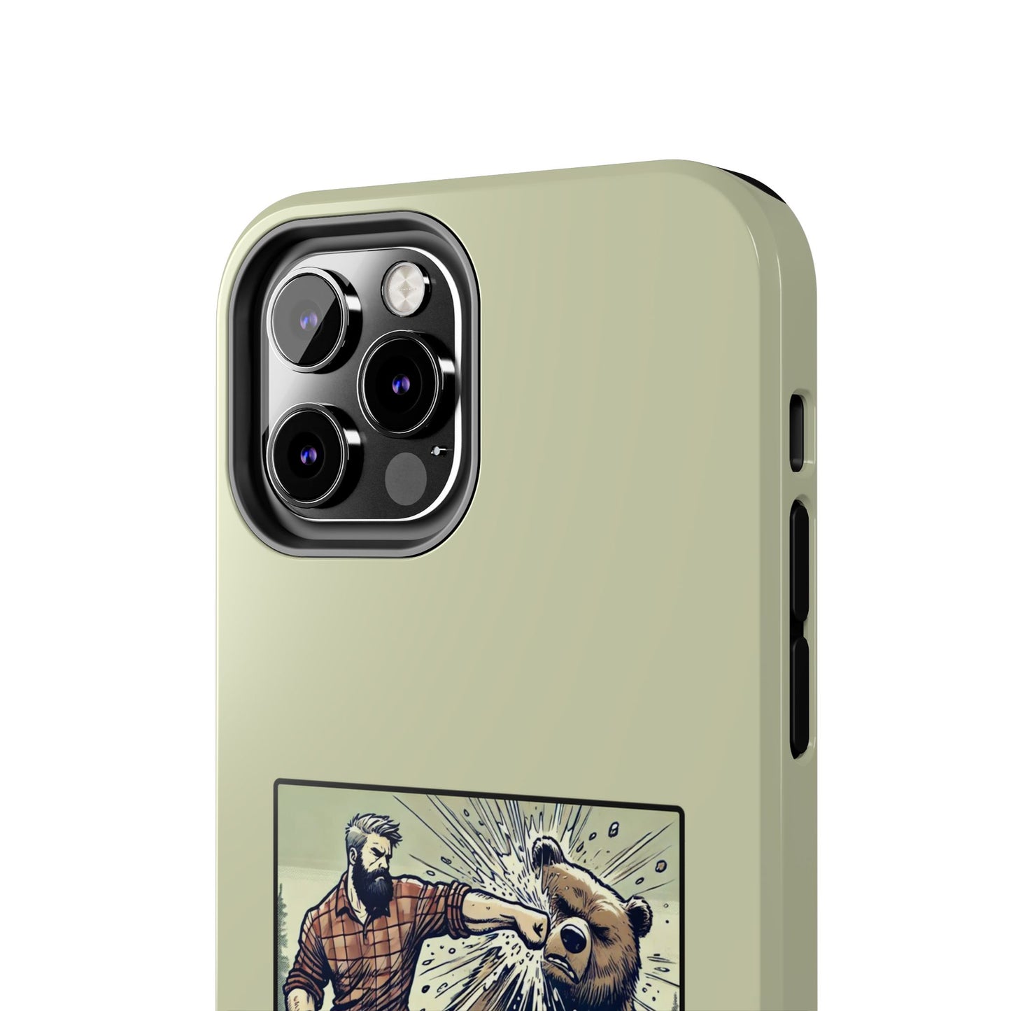 Funny Lumberjack Punching a Bear Phone Case, Wild Manly Gift, Meme Phone Cover, Absurd Graphic Art for Him, iPhone & Samsung Phone Case