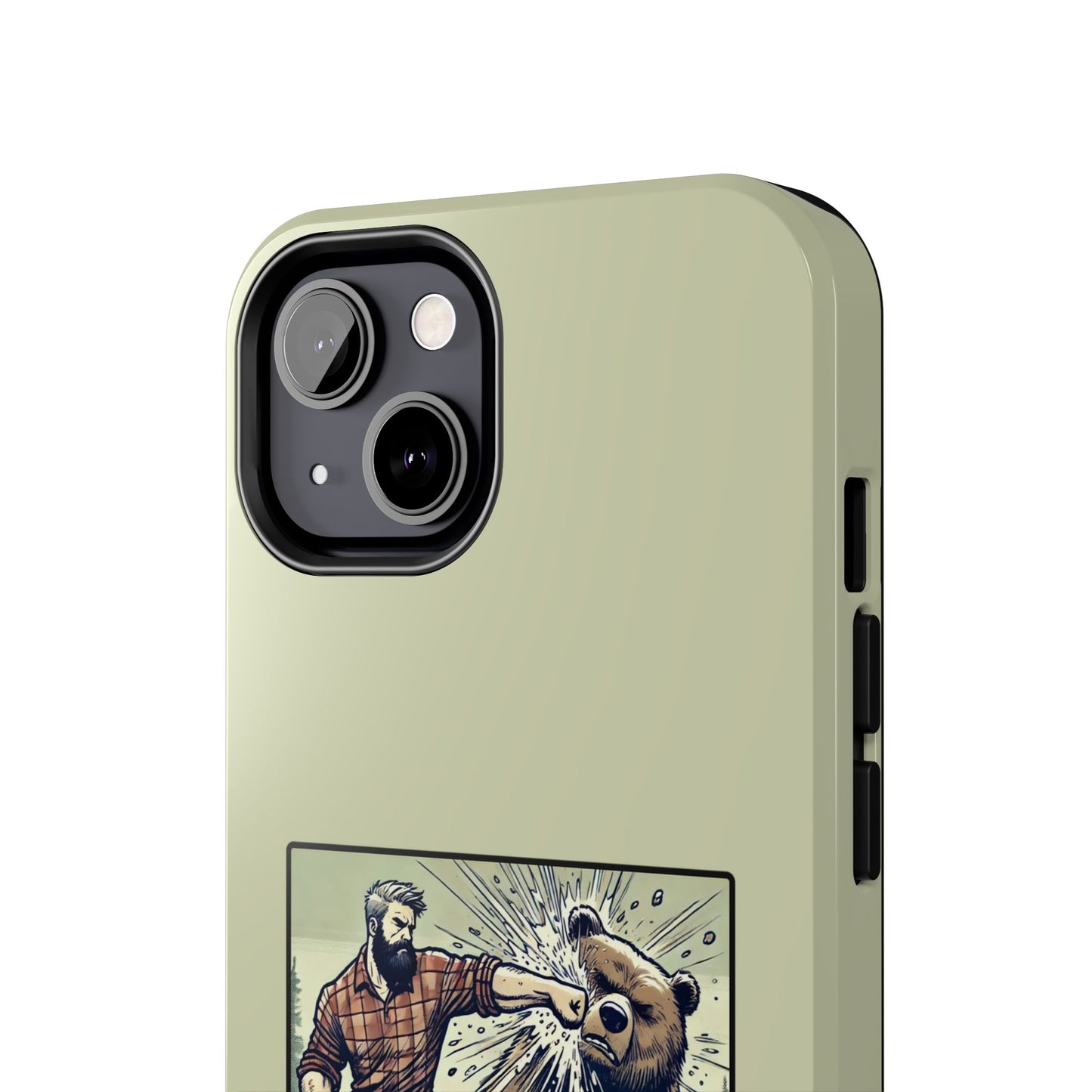 Funny Lumberjack Punching a Bear Phone Case, Wild Manly Gift, Meme Phone Cover, Absurd Graphic Art for Him, iPhone & Samsung Phone Case