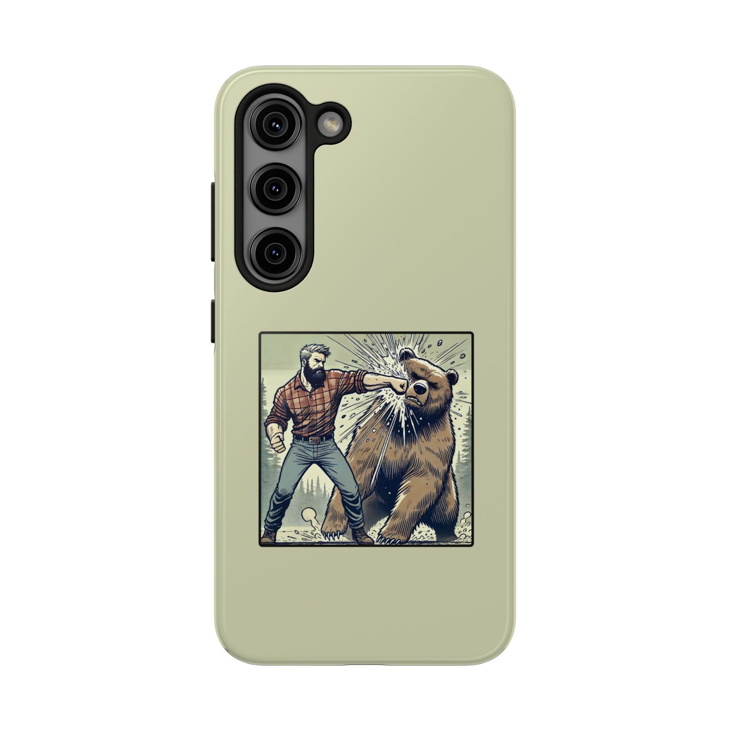 Funny Lumberjack Punching a Bear Phone Case, Wild Manly Gift, Meme Phone Cover, Absurd Graphic Art for Him, iPhone & Samsung Phone Case