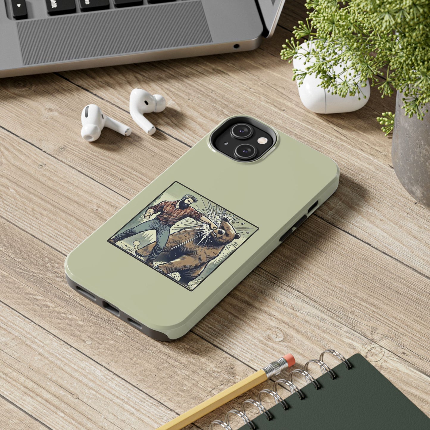 Funny Lumberjack Punching a Bear Phone Case, Wild Manly Gift, Meme Phone Cover, Absurd Graphic Art for Him, iPhone & Samsung Phone Case