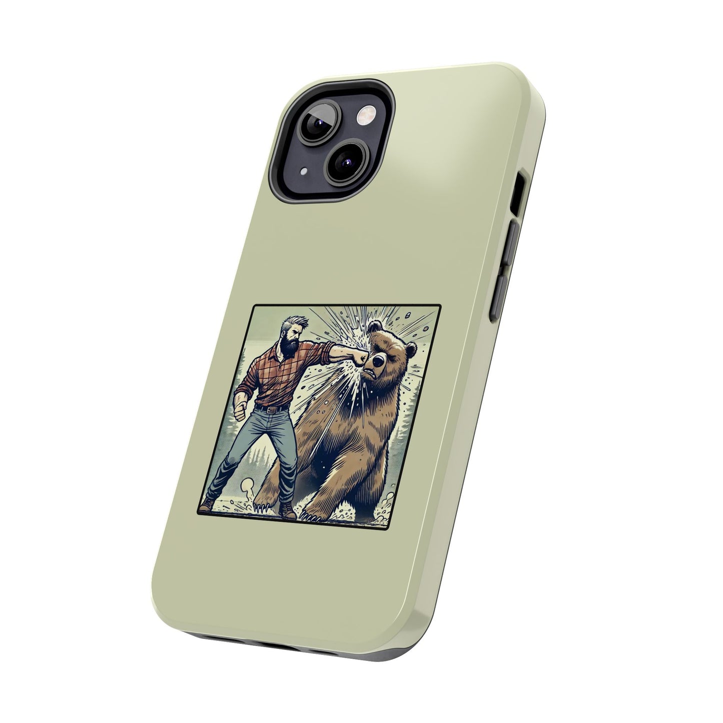 Funny Lumberjack Punching a Bear Phone Case, Wild Manly Gift, Meme Phone Cover, Absurd Graphic Art for Him, iPhone & Samsung Phone Case