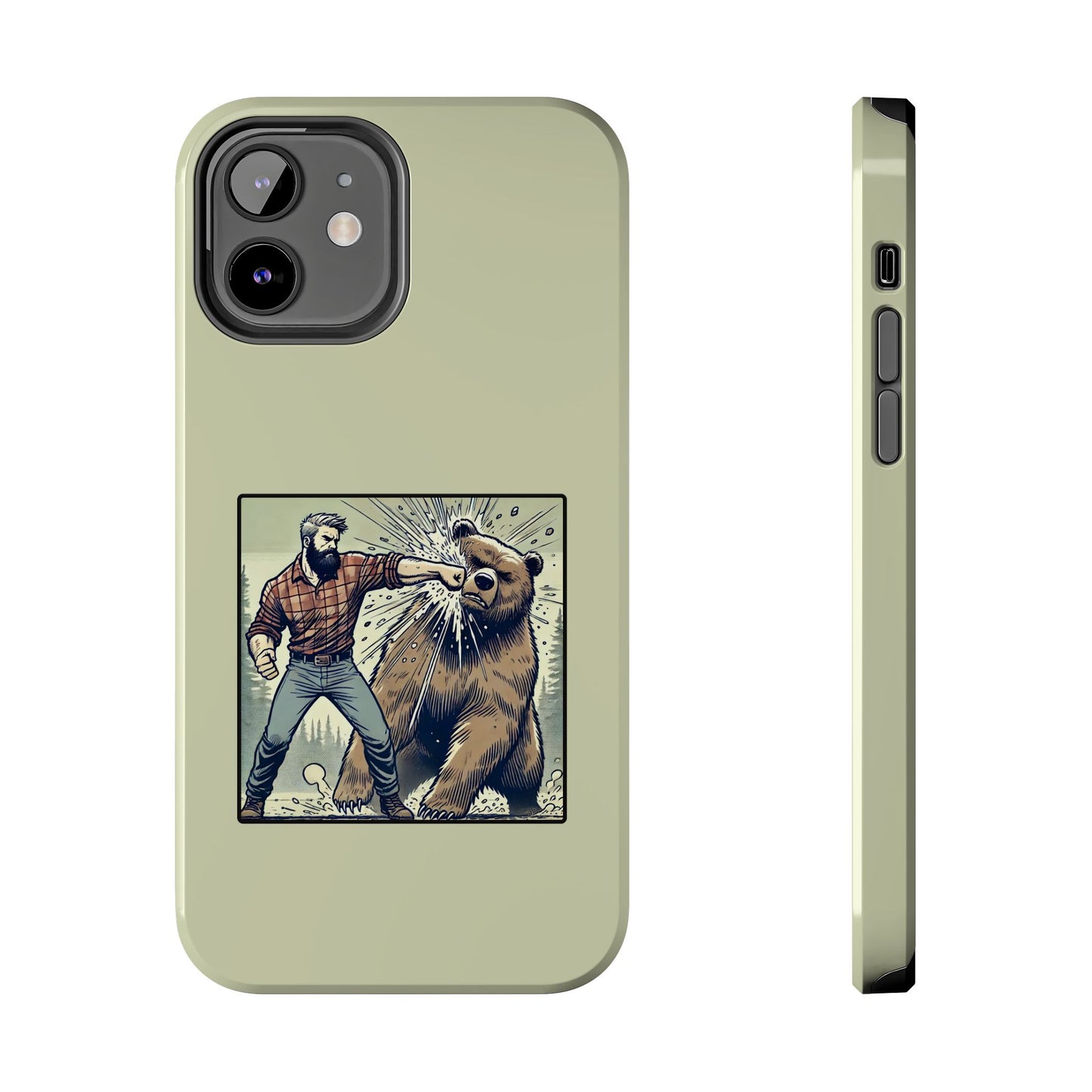 Funny Lumberjack Punching a Bear Phone Case, Wild Manly Gift, Meme Phone Cover, Absurd Graphic Art for Him, iPhone & Samsung Phone Case