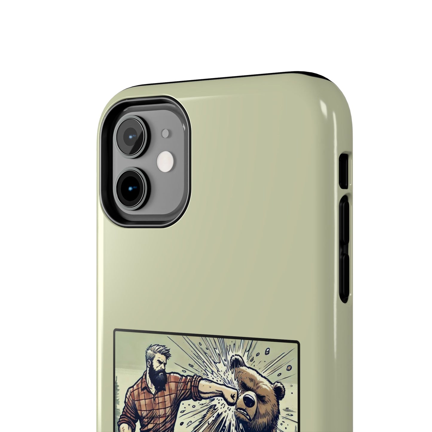 Funny Lumberjack Punching a Bear Phone Case, Wild Manly Gift, Meme Phone Cover, Absurd Graphic Art for Him, iPhone & Samsung Phone Case