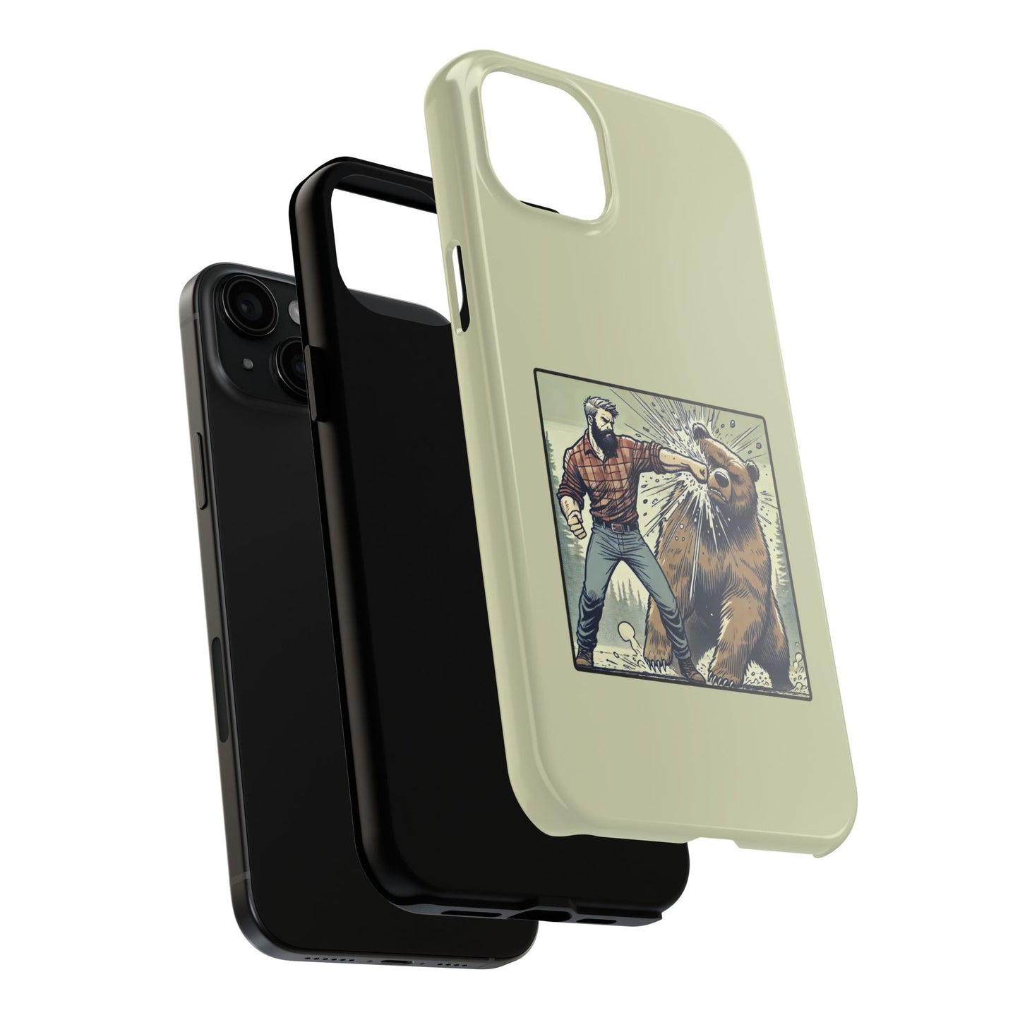Funny Lumberjack Punching a Bear Phone Case, Wild Manly Gift, Meme Phone Cover, Absurd Graphic Art for Him, iPhone & Samsung Phone Case
